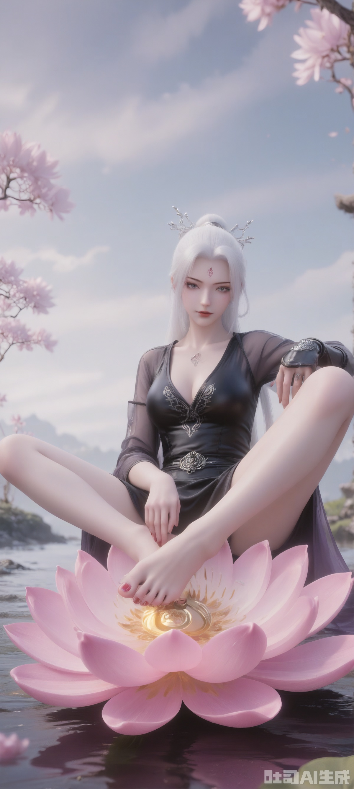 A digital artwork depicts a slim, fair-skinned woman with long white hair and tied into a ponytail. Her skirt has delicate lace details and a deep V-neck. Her left arm was wearing a huge and gorgeous handguard. She held a pink lotus in her right hand. She sat barefoot on a pink lotus, lifting one foot to reveal the soles of her feet, and there were accessories on her feet.