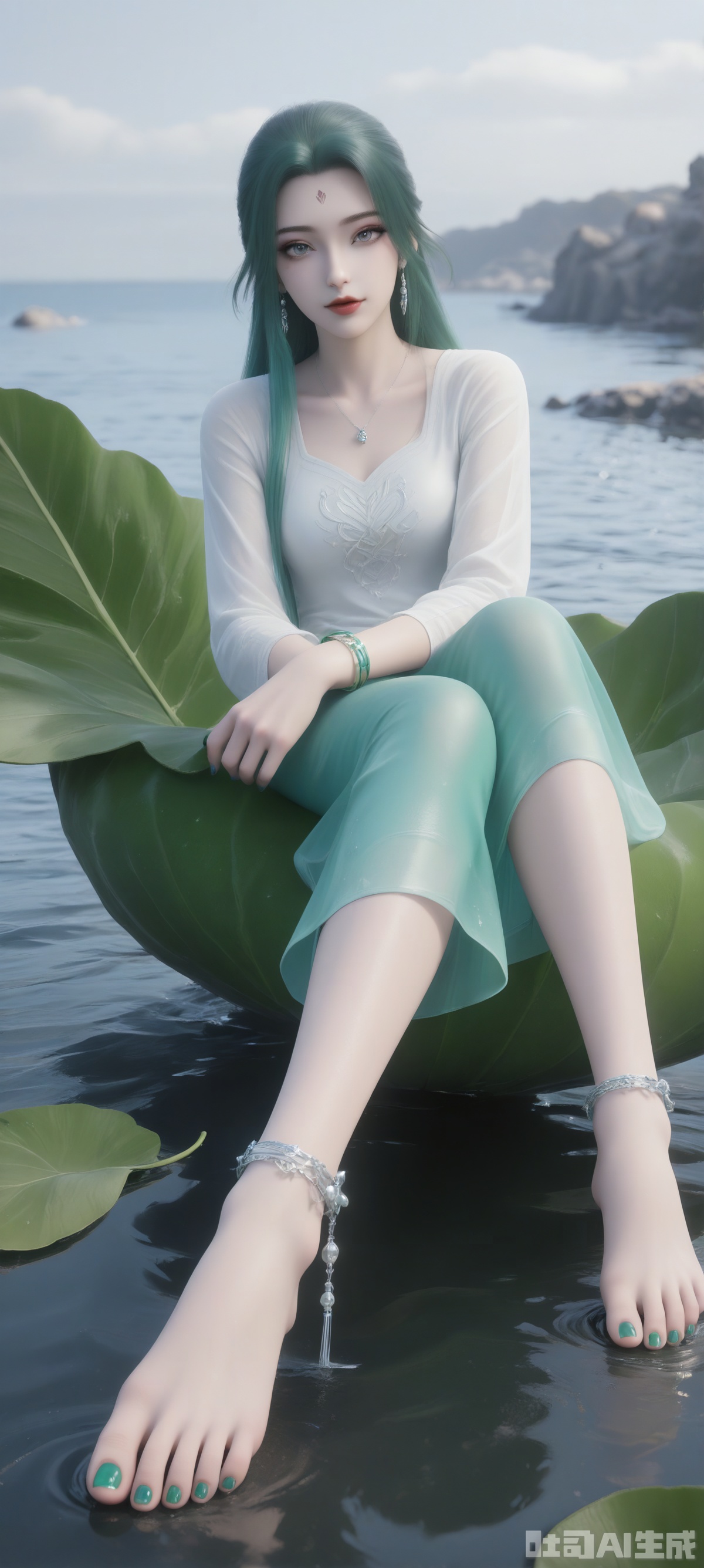 A 3D rendering of a mermaid, she sat on a large leaf. Her feet were painted with green nail polish, adding a touch of color to her feet. Her hair was shiny and her eyes were crimson. She was wearing a white long-sleeved shirt, matching green bracelets and a pair of swaying earrings. Her left hand was placed above her left foot and her right hand was placed on her right foot. The background is a white building with a black board on the wall, dotted with water droplets, adding a sense of layering to the picture.