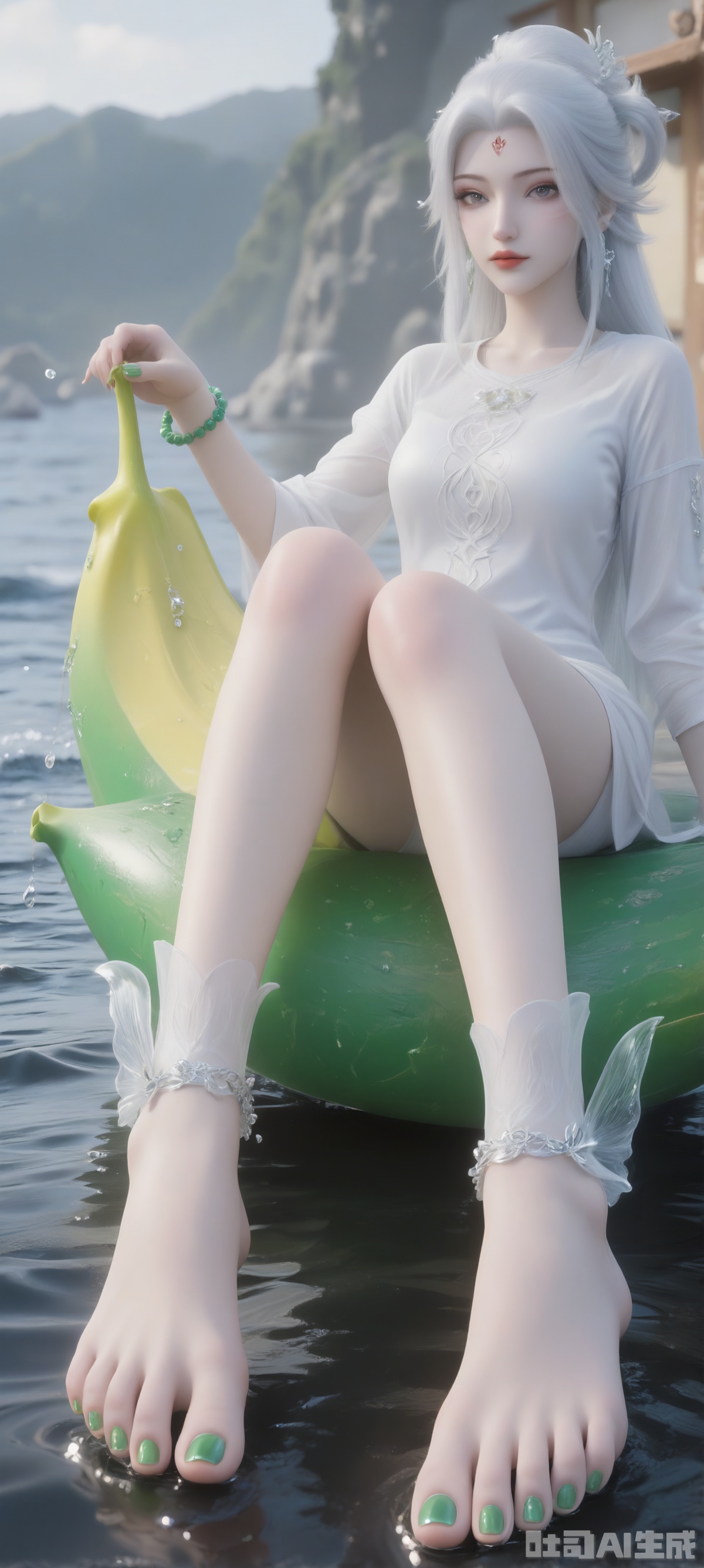 A 3D rendering of a mermaid, sitting on a banana leaf, dotted with green pearls. Her feet were covered with green nail polish, adding a touch of color to her feet. Her hair is bright white and her eyes are deep red. She was wearing a white long-sleeved shirt, a matching green bracelet and a pair of swaying earrings. Her left hand rests on top of her left foot, and her right hand rests on her right foot. The background is a white building with a black board on the wall, dotted with water droplets, adding a sense of layering to the picture.