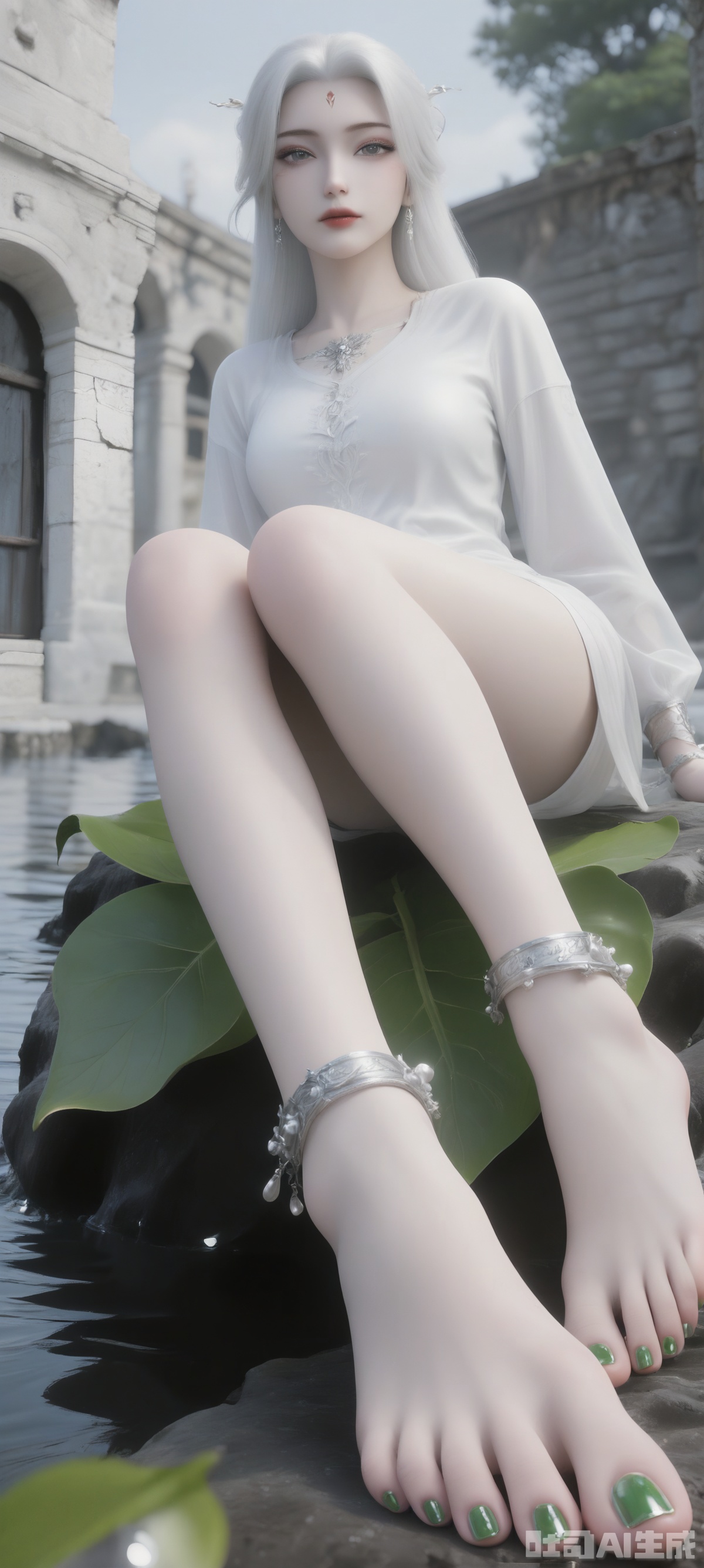 She sat on a huge leaf. Her toes were painted with green nail polish, adding a touch of color to her feet. Her white hair eyes were crimson. She wore a white long-sleeved shirt with green bracelets and a pair of swaying earrings. Her left hand is placed above her left foot and her right hand is placed on her right foot. The background is a white building with a blackboard on the wall, dotted with water droplets, adding a sense of layering to the picture.