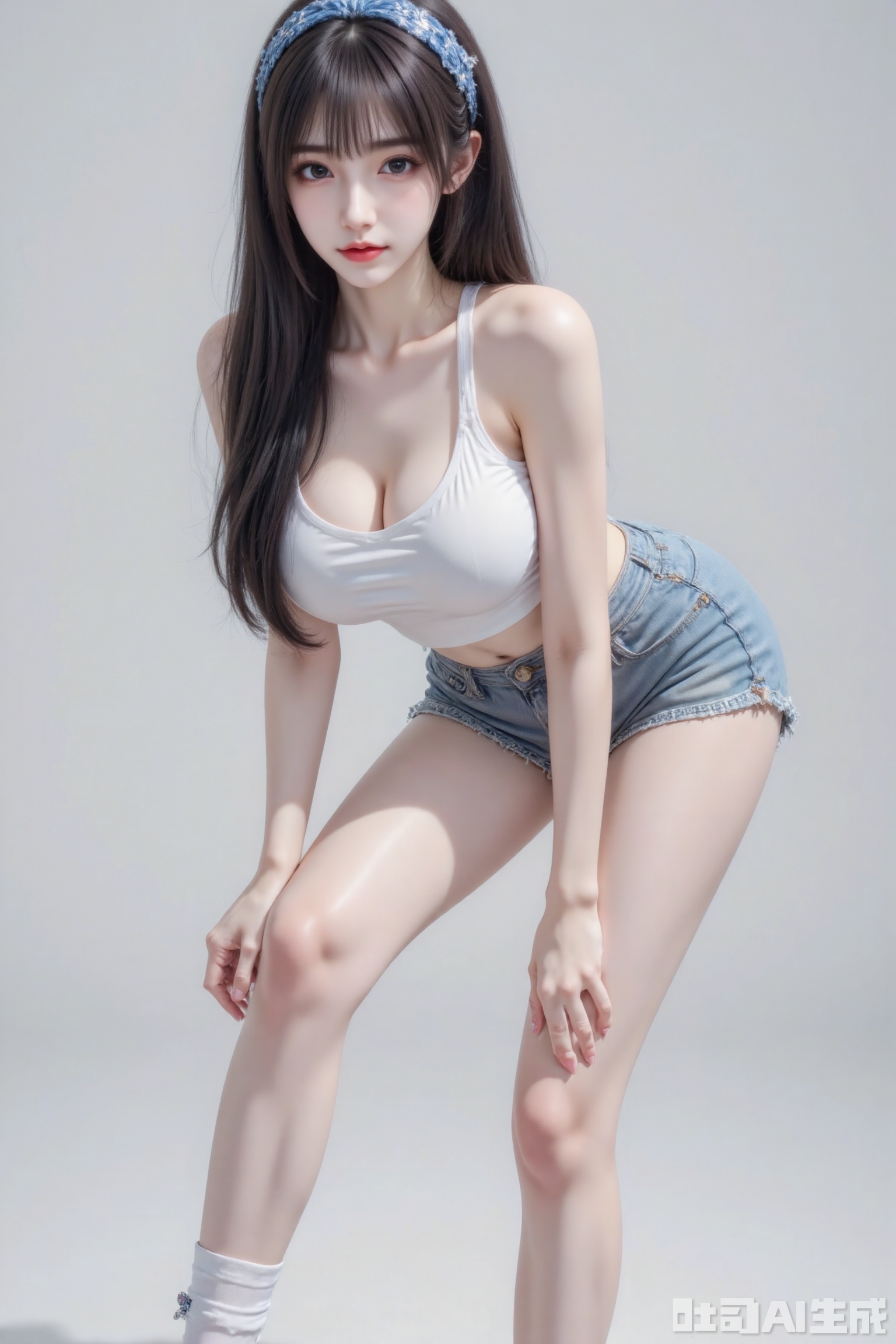 Masterpiece, best quality, high quality,  (black hair: 1.4), (long legs ：1.4),AIAHZ,1girl, solo, long hair, （huge breasts：1.5）,1girl, solo, long hair, breasts, looking at viewer, bangs, blue eyes, blonde hair, navel, cleavage, medium breasts, very long hair, standing, collarbone, full body, hairband, shoes, shorts, socks, midriff, nail polish, short shorts, leaning forward, white socks, wristband, sneakers, blue footwear, sports bra, blue hairband, hand on own thigh