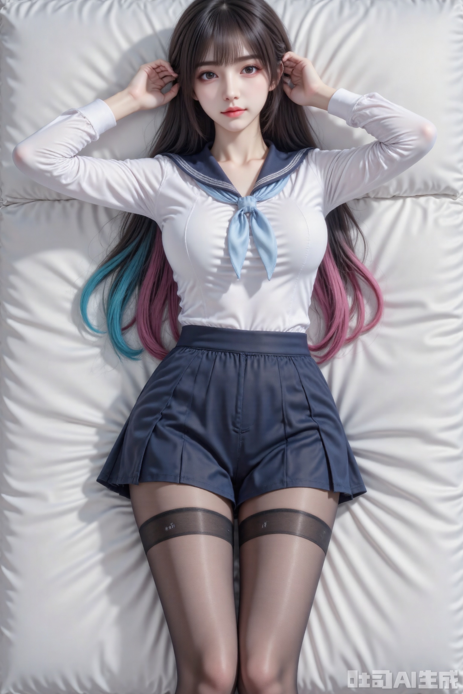 Masterpiece, best quality, high quality, (colorful), large breasts, (Rainbow hair: 1.4), (long legs ：1.4),AIAHZ,  1girl, masterpiece,best quality,high quality,loli,Artist:inugami kira,(artist:ningen_mame:0.9),(artist:sho_(sho_lwlw):0.9),(artist:rhasta:0.9),(artist:wlop:0.7),(artist:ke-ta:0.6),(fkey:0.5),(tianliang duohe fangdongye:0.5),(hiten \(hitenkei\):0.6),loli,Artist sousoumaan,loli,Masterpiece, best quality, high quality, (colorful), large breasts, 

 1girl, solo, breasts, looking at viewer, blush, black hair, bangs, blue eyes, shirt, long sleeves, closed mouth, school uniform, white shirt, longhair, pantyhose, lying, serafuku, on back, sailor collar, arms up, neckerchief, black pantyhose, on bed, no pants, thighband pantyhose, white sailor collar, blue neckerchief
