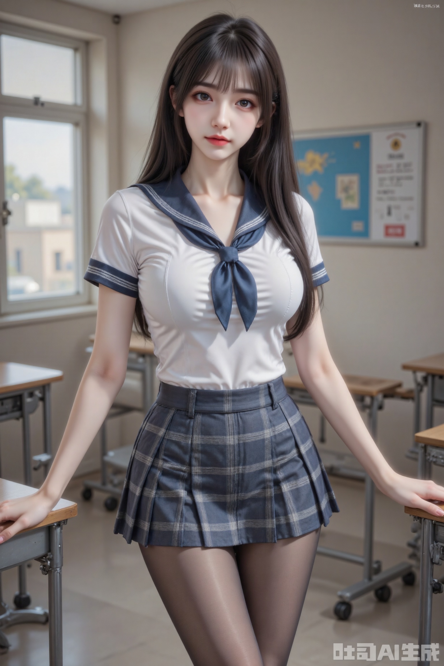 Masterpiece, the best quality, high quality,  huge breasts,,(black hair:1.4),(long legs:1.3),（thin legs：1.4）,1girl,Realistic photo of a young woman, long hair, fair skin, long legs, (big breasts: 1.5), realistic cleavage, big breasts, low-cut school uniform, plaid skirt, (shiny pantyhose), full body, front view, classroom, 8K resolution, high quality, masterpiece, this is a real photo