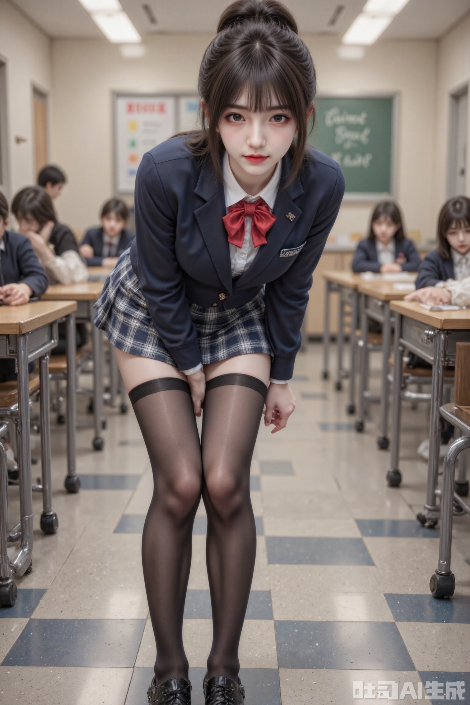 Masterpiece, the best quality, high quality,  small breasts,,(black hair:1.4),(long legs:1.3),AIAHZ,1girl, argyle, argyle_background, argyle_legwear, bangs, bent_over, blunt_bangs, blur_censor, blurry, blurry_background, blurry_foreground, blush, board_game, bowtie, breasts, brown_eyes, brown_hair, cellphone_picture, checkered, checkered_background, checkered_flag, checkered_floor, checkered_kimono, checkered_legwear, checkered_shirt, checkered_skirt, chess_piece, classroom, depth_of_field,  figure, focused, hair_bun, indoors, large_breasts, looking_at_viewer, motion_blur, perspective, photo_\(medium\), plaid, plaid_legwear, pov, race_queen, restaurant, school_uniform, skirt, soccer_ball, solo_focus, table, telstar, thighhighs, thighs, tile_floor, tile_wall, tiles