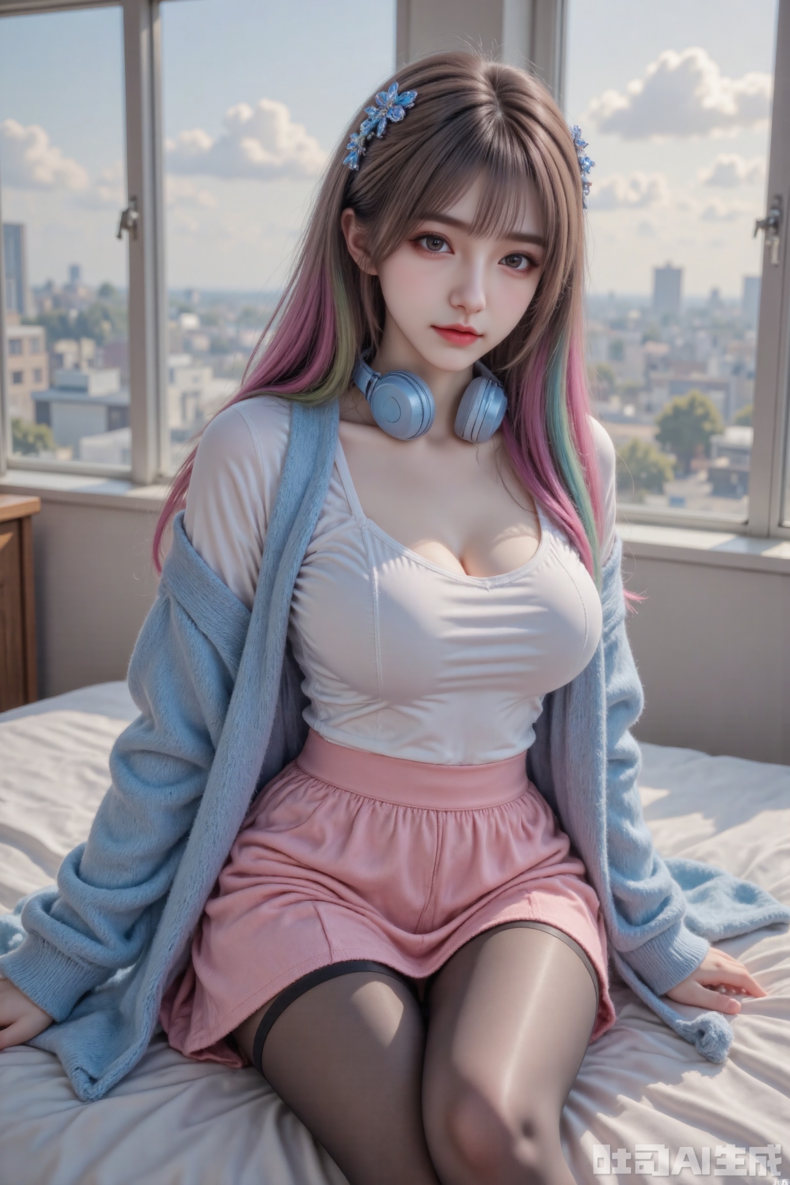Masterpiece, best quality, high quality, (colorful), large breasts, (Rainbow hair: 1.4), (long legs ：1.4),AIAHZ,  1girl,depth of field,light particles,lens flare,(artist:quasarcake:0.8),extreme aesthetic,(wlop:0.6),wanke,rella,wanke,masterpiece,best quality,good quality,newest,year 2024,year 2023,very aesthetic,absurdres,Visual impact,Electromotive force,perspective composition,A shot with tension,ultra-high resolution,32K UHD,sharp focus,best quality,masterpiece,Emotionalization masterpiece,unconventional supreme,masterful details,with a high end texture,in the style of fashion photography,(Visual impact:1.2),giving the poster a dynamic and visually striking appearance,impactful picture,offcial art,colorful,splash of color,movie perspective,masterpiece,best quality,amazing quality,very aesthetic,absurdres,best quality,newest,best quality,good,1girl,brown hair,hair between eyes,aqua eyes,on the bed,one-piece black stockings,not wearing shoes,sheer black stockings,shy,white shirt,blue headphones,hair tangled in headphones,pink skirt,morning,city outside the window,home bedroom,sitting like a duck,light blue wool sweater,taking off the coat,sexy,full_shot,looking_at_viewer,from_back,face_focus,eyes_focus,solo_focus,
