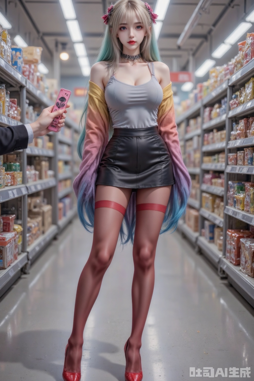Masterpiece, best quality, high quality, (colorful), large breasts, (Rainbow hair: 1.4), (long legs ：1.4), tongue out, ,,Realistic photo, 1girl, nervous and excited expression, long hair, fair skin, big breasts, off-shoulder shirt, short leather skirt, hands covering skirt, (shiny pantyhose), long legs, red high heels, full body, large supermarket, (there is a hand in front of the camera, pressing the pink remote control),with glasses