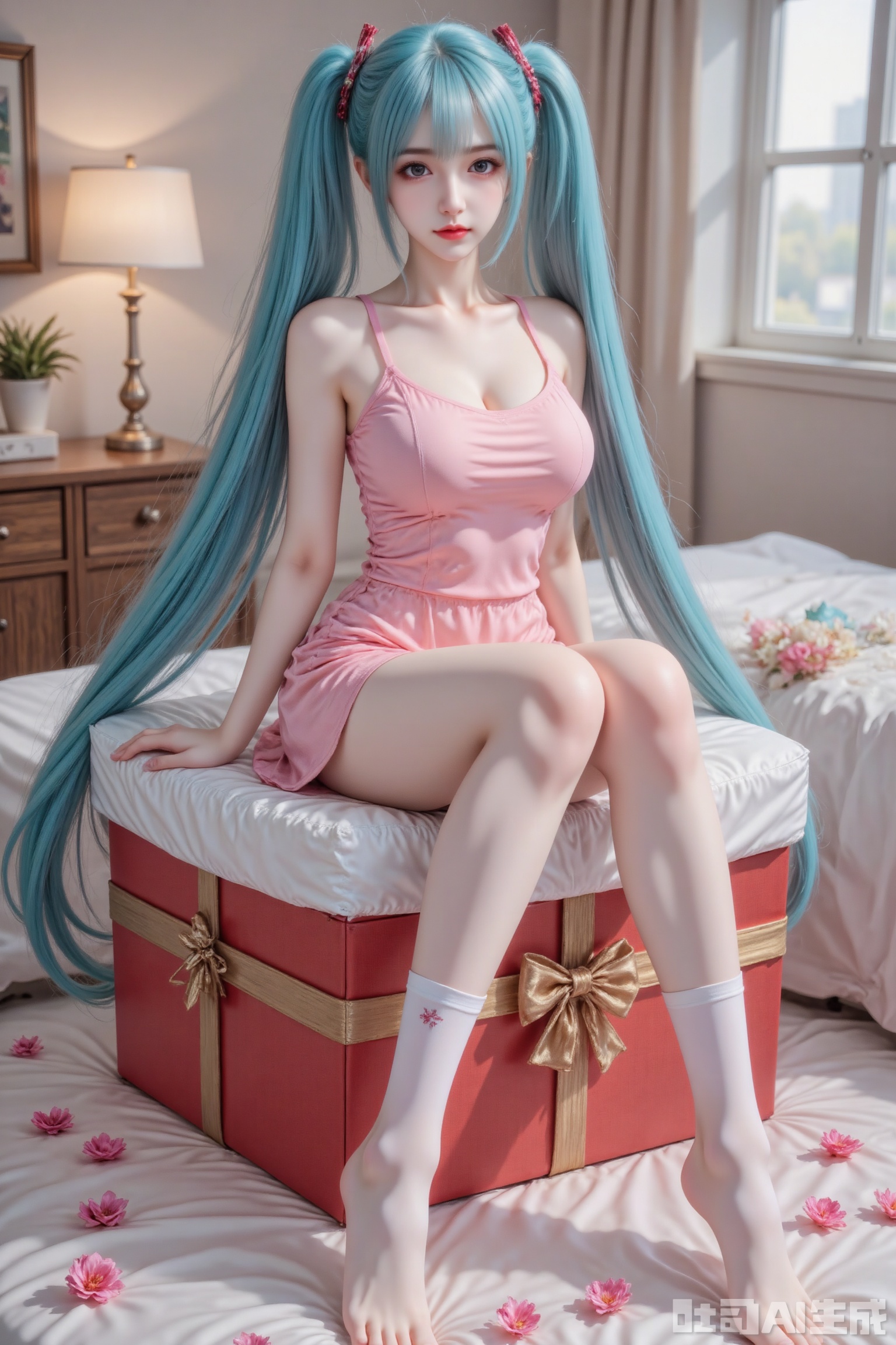 Masterpiece, best quality, high quality, (colorful), large breasts, (Rainbow hair: 1.4), (long legs ：1.4),AIAHZ, 1 girl, pink  dress, locked country, thighs, white over-knee soccer socks, barefoot, sitting in a giant gift box, shyly looking at the audience, long hair, double pigtails, aqua hair Hatsune Miku, indoors, bedroom, bed, red gift box, gift box ribbon, rose petals scattered on the bed,