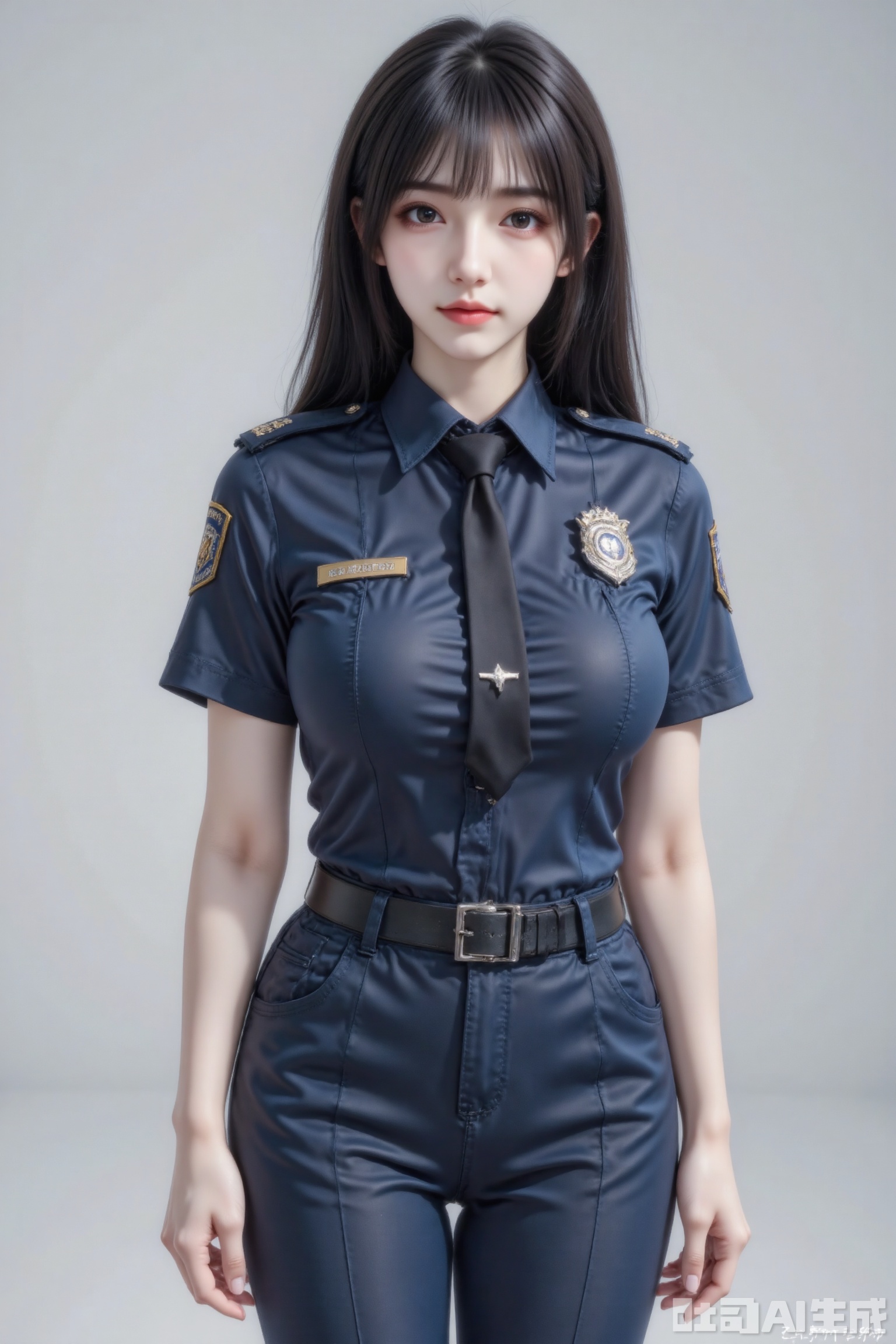 Masterpiece, the best quality, high quality,  huge breasts,,(black hair:1.4),(long legs:1.3),（thin legs：1.4）,1girl, Masterpiece, the best quality, high quality,  small breasts,,(black hair:1.4),(long legs:1.3),（thin legs：1.4）,1girl, breasts, long hair, shirt, black hair, sweat, necktie, belt, pants, armpits, uniform, multiple views, watermark, vest, blue shirt, black belt, blue pants, police, police uniform, policewoman
