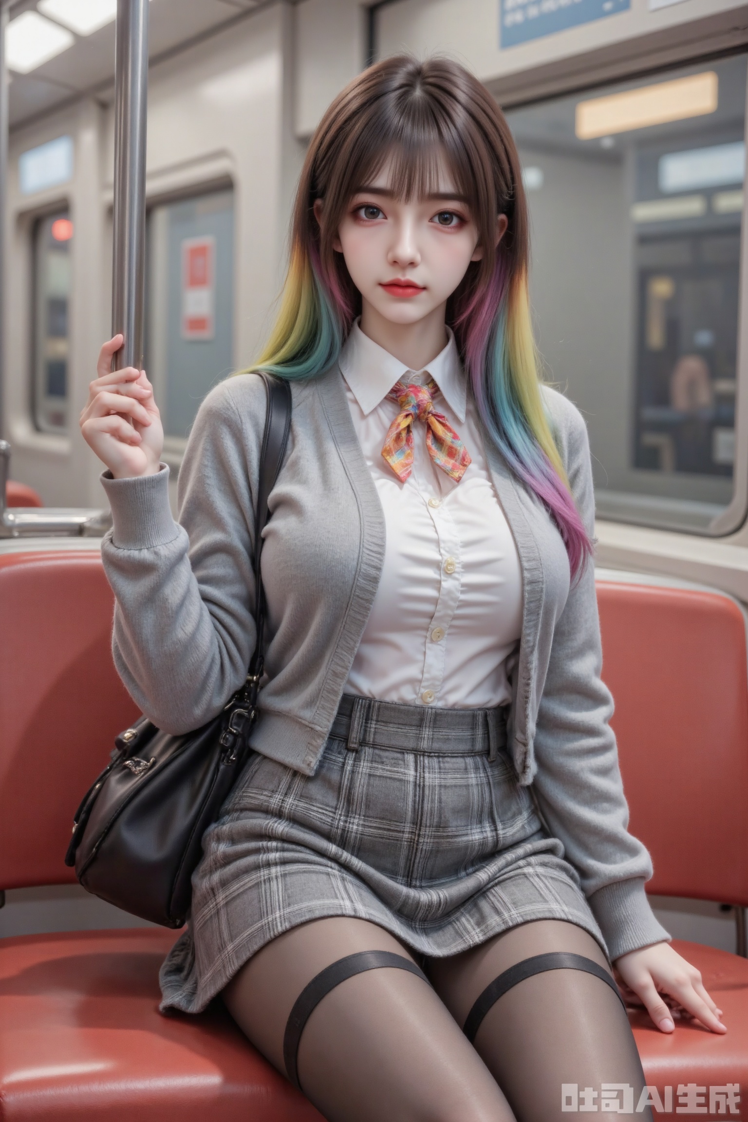 Masterpiece, best quality, high quality, (colorful), large breasts, (Rainbow hair: 1.4), (long legs ：1.4),AIAHZ, 1girl, wearing a white shirt, gray knitted cardigan, plaid tie, plaid skirt, black stockings, and black handbag on the shoulder, sitting on a subway red seat. Indoor subway scene, close-up view, college style fashionable style.