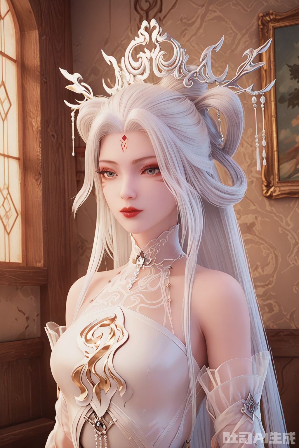 score_9_up,score_8_up,score_7_up,1girl, solo, long hair, hair ornament, dress, bare shoulders, upper body, white hair, indoors, white dress, facial mark, hair rings, forehead mark, red lips,XiaoBai
