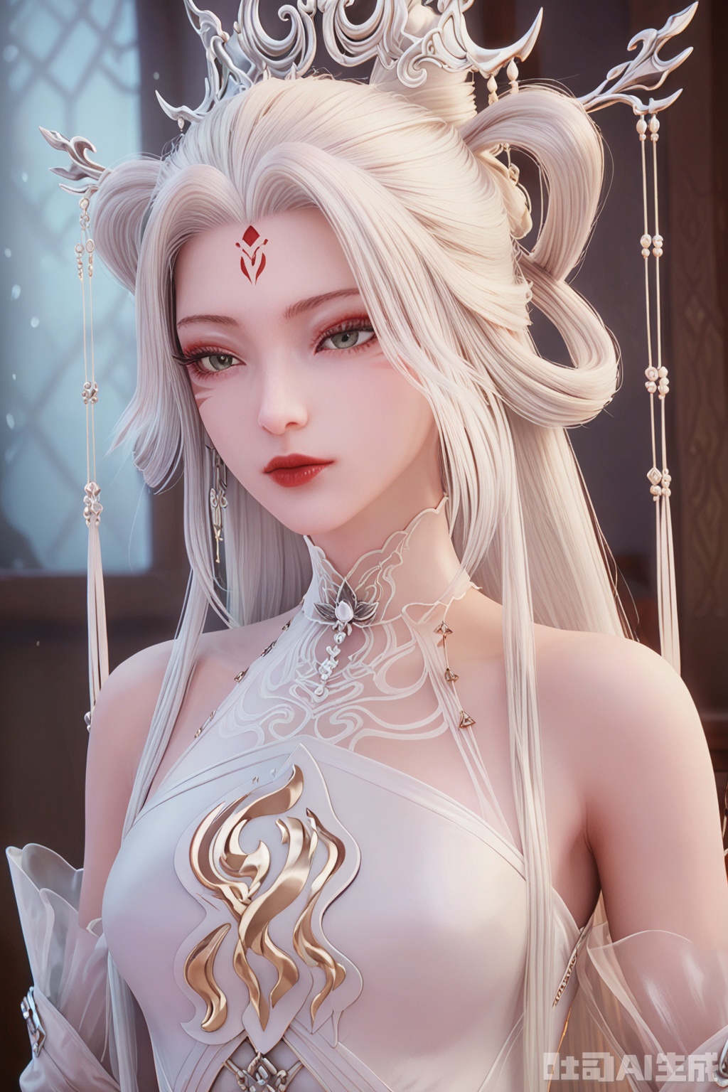 score_9_up,score_8_up,score_7_up,1girl, solo, long hair, hair ornament, dress, bare shoulders, upper body, white hair, indoors, white dress, facial mark, hair rings, forehead mark, red lips,XiaoBai