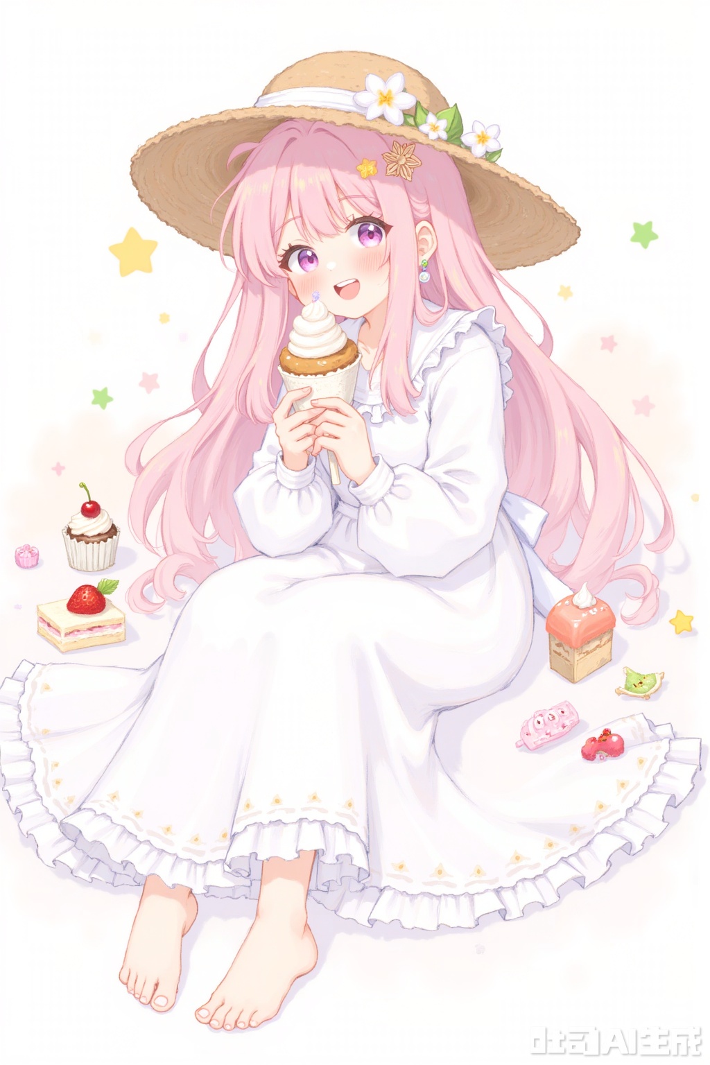 1girl, solo, looking at viewer, blush, smile, short hair, open mouth, bangs, hair ornament, long sleeves, hat, dress, holding, sitting, purple eyes, collarbone, pink hair, flower, :d, frills, food, barefoot, teeth, medium hair, pink eyes, star \(symbol\), white dress, feet, toes, fruit, upper teeth only, frilled dress, holding food, white flower, candy, puffy long sleeves, cake, lollipop, ice cream, strawberry, brown headwear, straw hat, hat flower, cherry, holding candy, cake slice, macaron, holding lollipop, cupcake, sweets, swirl lollipop