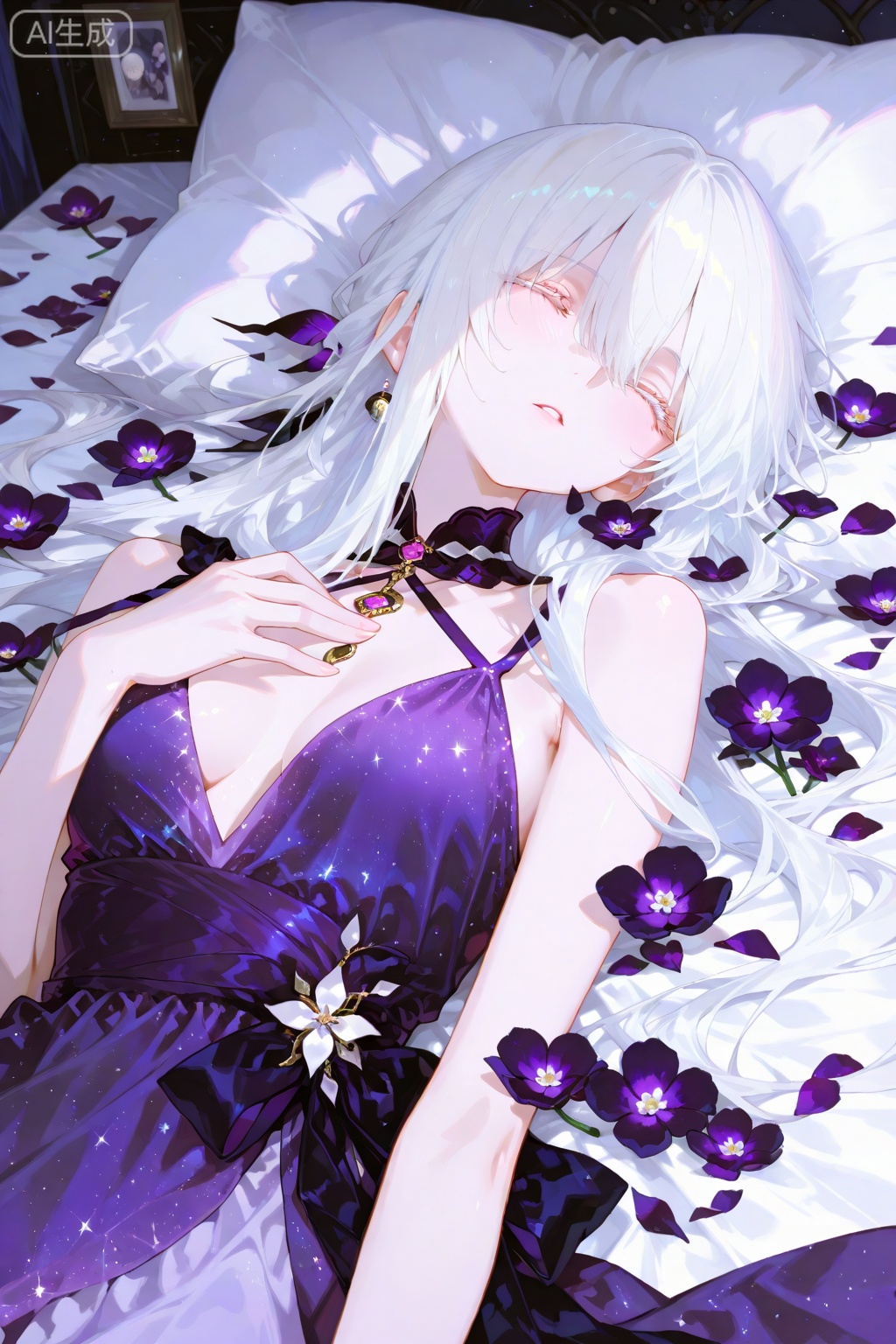 an anime girl with long white hair and a purple dress lying on a bed surrounded by flowers and other objects. She has a human face and is animated.,