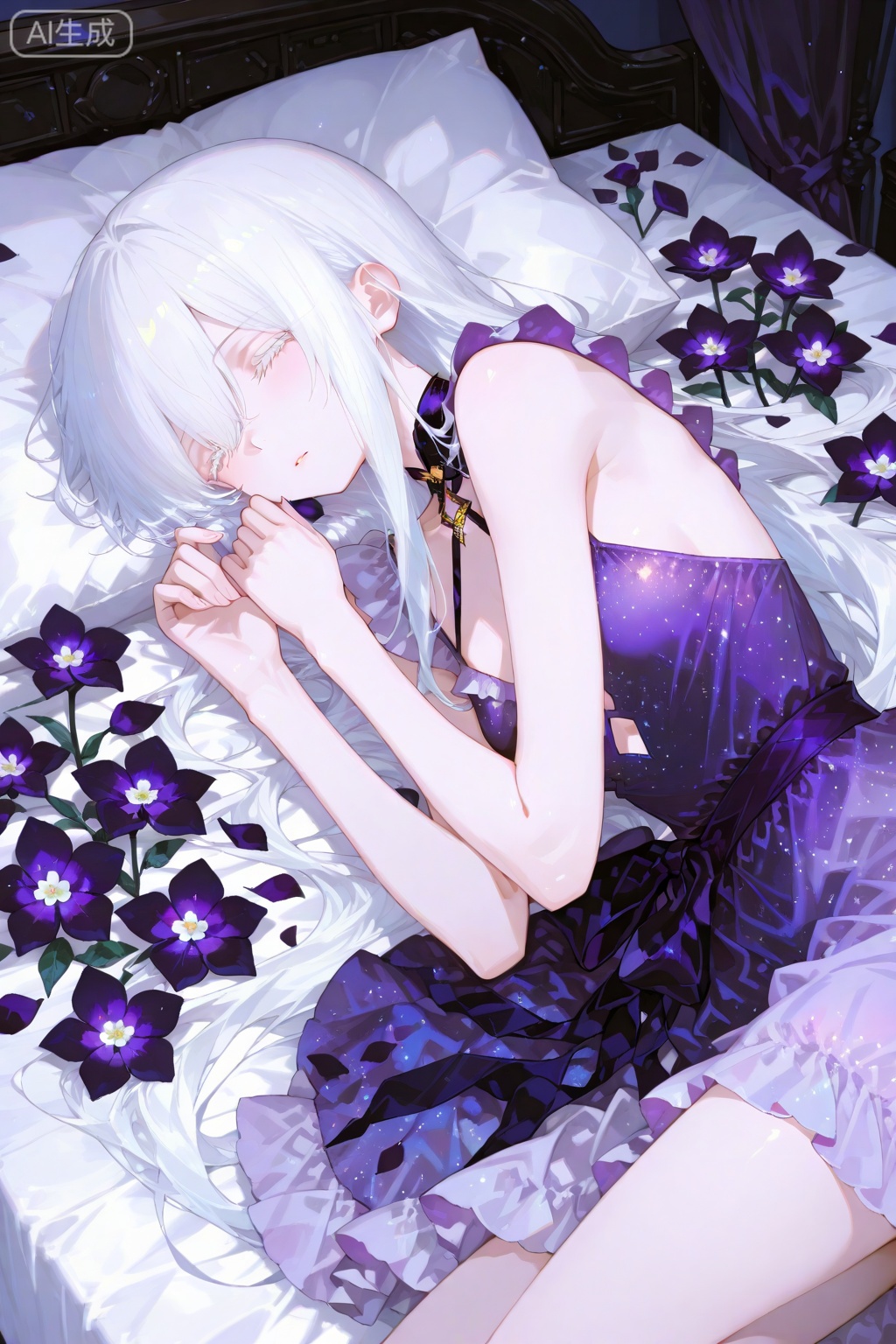 an anime girl with long white hair and a purple dress lying on a bed surrounded by flowers and other objects. She has a human face and is animated.,