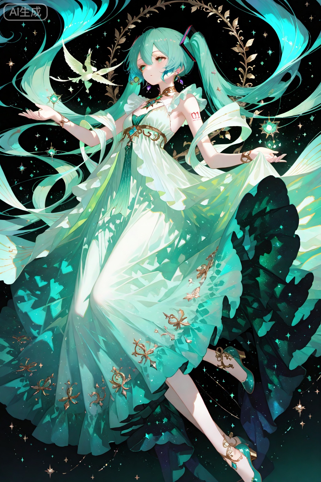 digital art,illustration,1girl,she is wearing a cosplay costume of the popular virtual singer Hatsune Miku,she has long,bright teal twin ponytails,green twin ponytails,charming,ethereal,mysterious,fantasy,ethereal,elegant,airy,magical,surreal,dreamy,young female character wearing a long dress with jewels,floating in the air,with ornate decorations behind her,