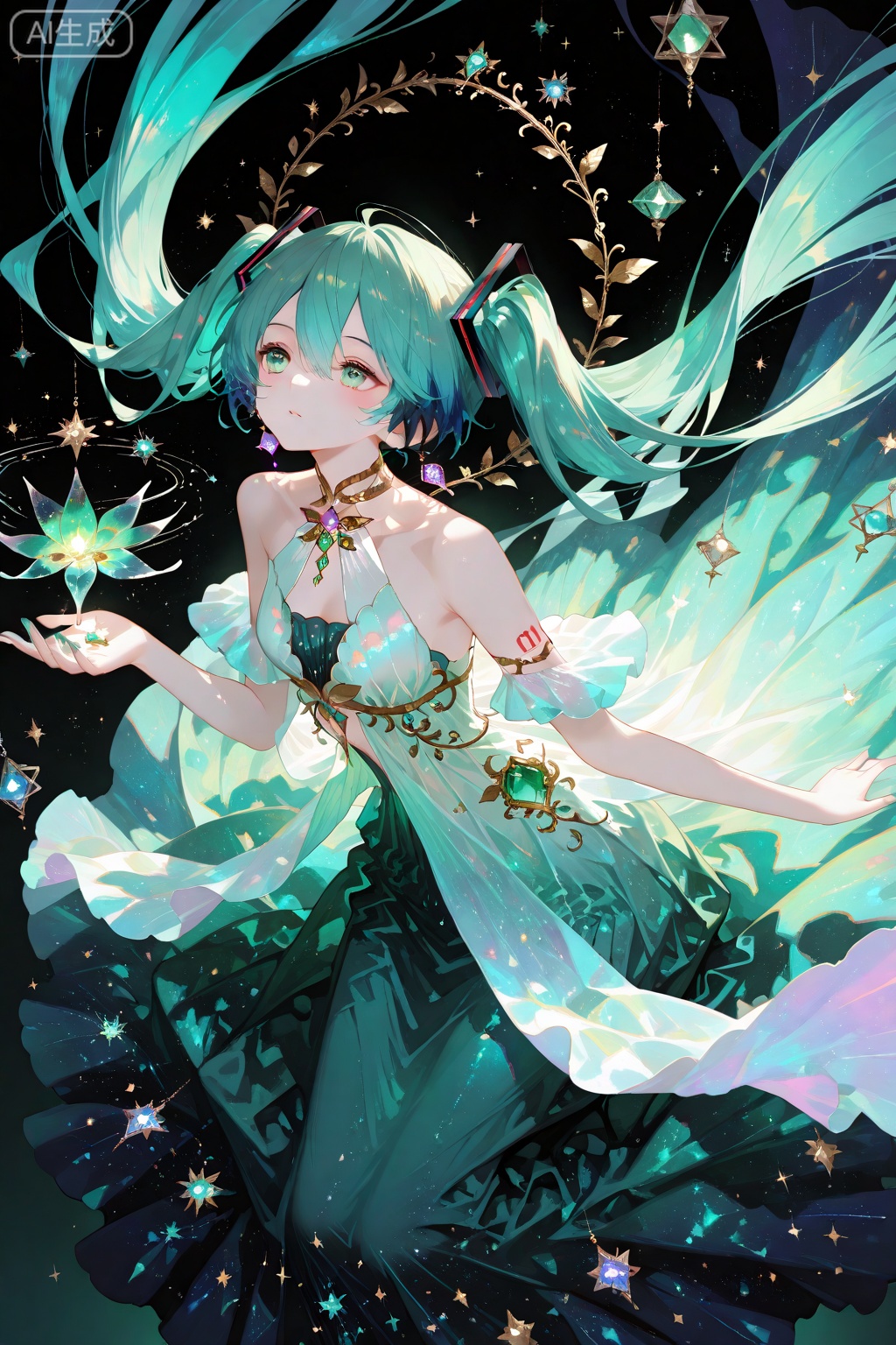 digital art,illustration,1girl,she is wearing a cosplay costume of the popular virtual singer Hatsune Miku,she has long,bright teal twin ponytails,green twin ponytails,charming,ethereal,mysterious,fantasy,ethereal,elegant,airy,magical,surreal,dreamy,young female character wearing a long dress with jewels,floating in the air,with ornate decorations behind her,