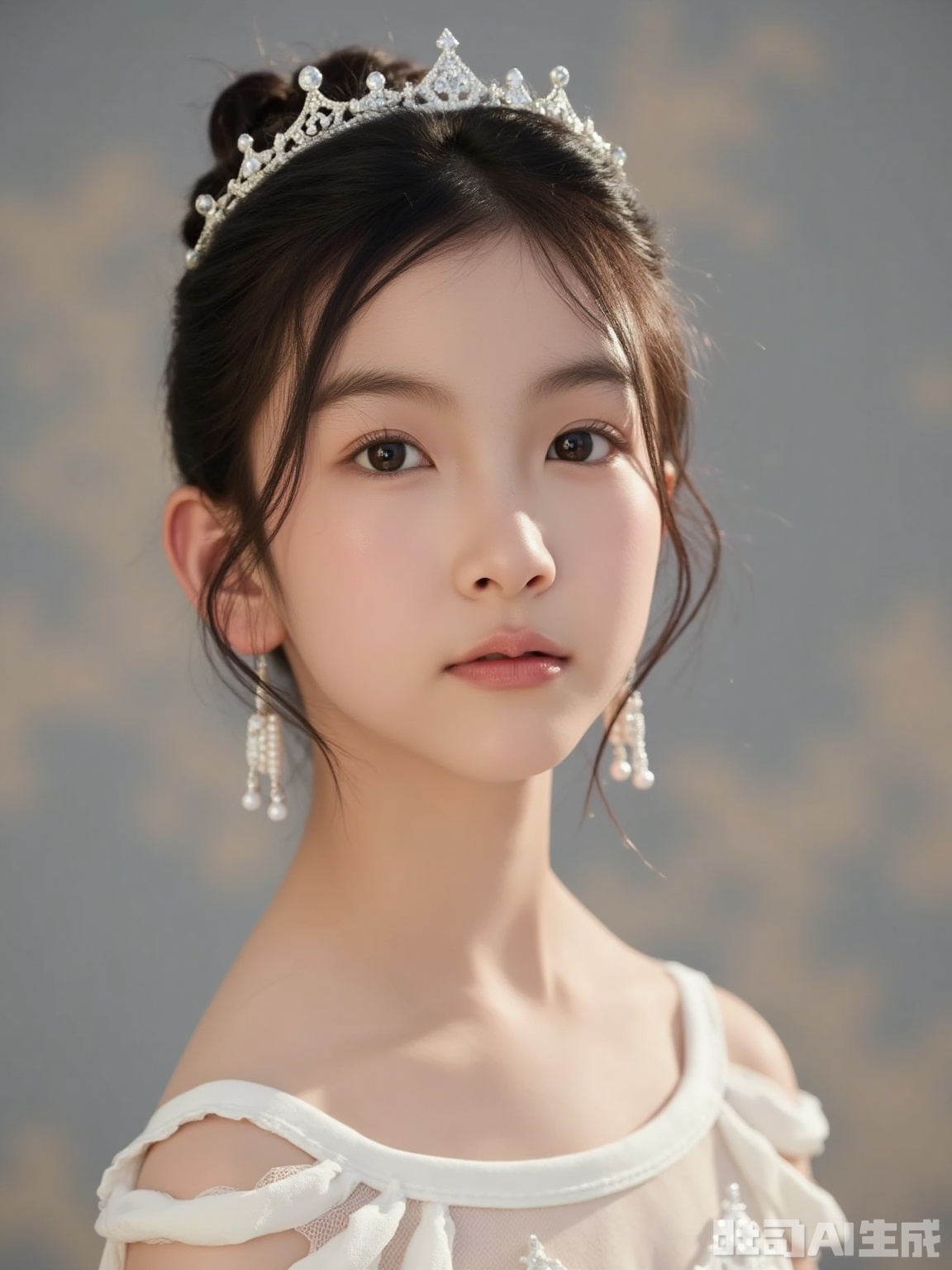 Scene: Retro linen gray background wall with delicate textures that are old and seem to carry the traces of time, creating a quiet and elegant artistic atmosphere, like the background color of classical oil paintings.
Character: The girl has a delicate hair bun, embellished with pearls and small crown hair accessories, showing her elegance. Pearl earrings hanging down the ears, which make the warm and shiny look lively. The off-shoulder shape has fair and delicate skin, beautiful neck lines, and a calm and dignified expression, like a little swan on a classical ballet stage, combining innocence and elegance.
Atmosphere: classical and elegant, as if walking out of a retro art album, full of quiet artistic sense.
Parameters: 8K resolution, f/2.8 aperture, shutter speed 1/160s, ISO 100, using a 50mm lens, flat viewing angle restores the real beauty, adding 12% warm brown tone to enhance the retro atmosphere, adding 8% soft focus effect to highlight the delicate skin, retaining the delicate details of hair and earrings.