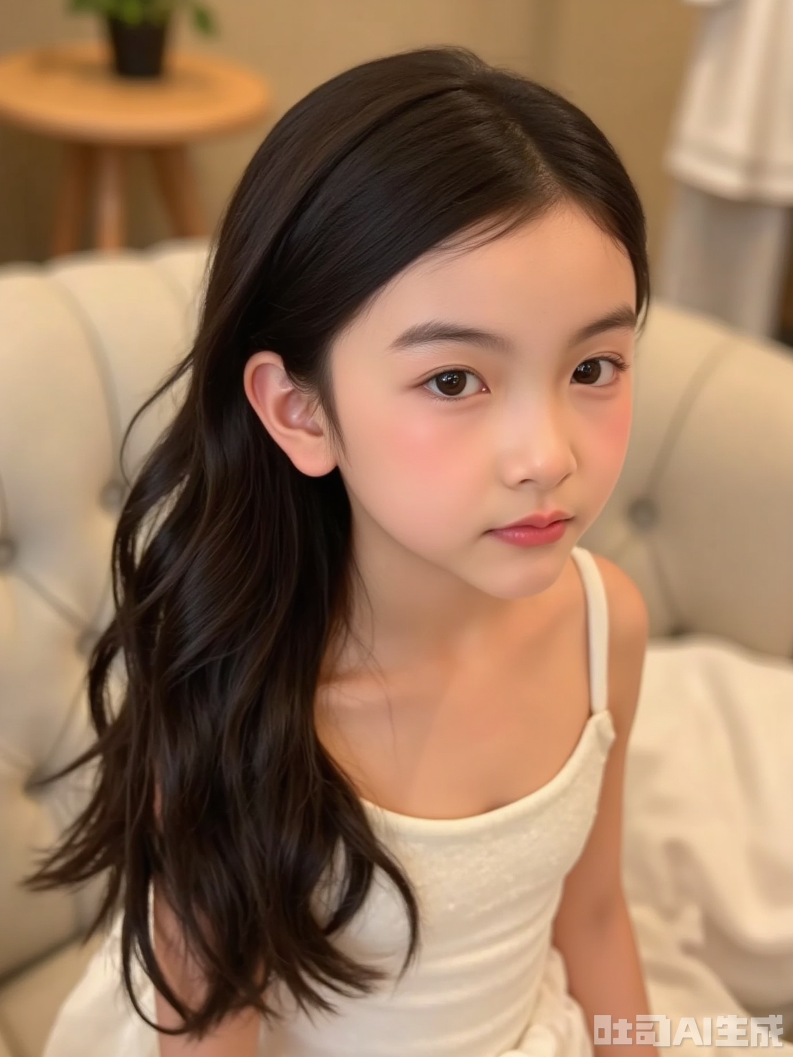 The image shows a young girl with long dark hair, wearing a strapless top. She is sitting on a light-colored couch or chair, and the background appears to be a room with blurred details, possibly a living space or a spa. The lighting is warm and soft, giving the image a gentle and serene atmosphere.