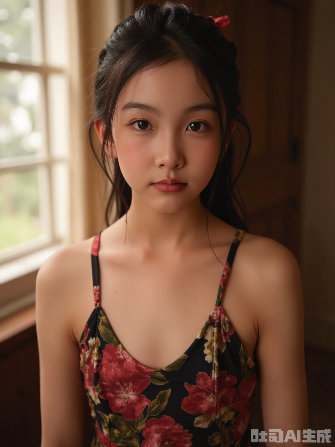 A cinematic close-up of a captivating Asian woman in a vibrant floral-patterned dress with a plunging neckline, her long hair tousled and framing her face naturally. The scene is softly lit with warm, natural light streaming through a window, creating a gentle glow and subtle shadows that highlight her delicate features and expressive brown eyes. The blurred, minimalist background enhances the intimate and moody atmosphere, drawing full attention to her confident and alluring presence. The composition exudes effortless charm and quiet elegance.
