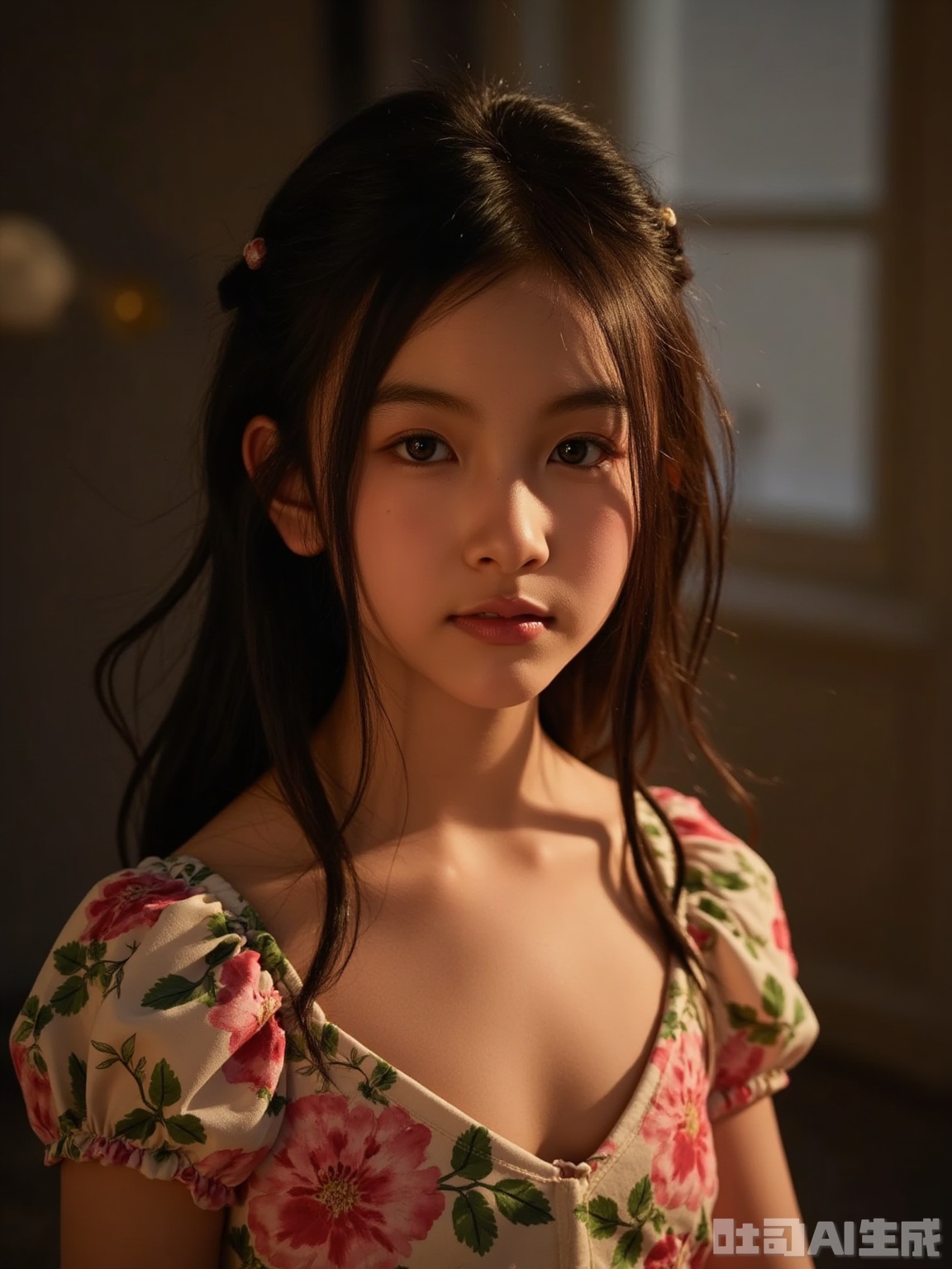 A cinematic close-up of a captivating Asian woman in a vibrant floral-patterned dress with a plunging neckline, her long hair tousled and framing her face naturally. The scene is softly lit with warm, natural light streaming through a window, creating a gentle glow and subtle shadows that highlight her delicate features and expressive brown eyes. The blurred, minimalist background enhances the intimate and moody atmosphere, drawing full attention to her confident and alluring presence. The composition exudes effortless charm and quiet elegance.
