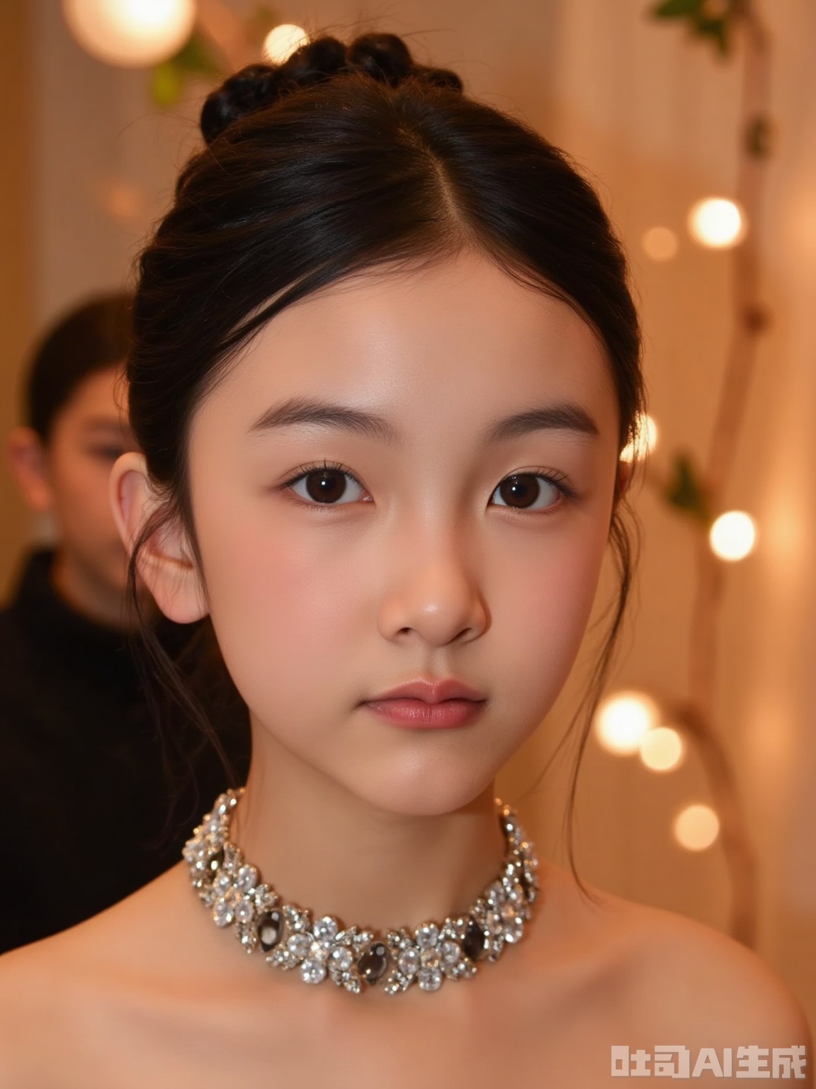 The image shows a young woman with dark hair styled in an elegant updo, adorned with a delicate necklace featuring floral designs. She is wearing matching earrings and a strapless top, suggesting a formal or evening event setting. The background is blurred, with warm, glowing lights creating a festive atmosphere, possibly indicating a party or celebration. The overall composition and lighting suggest a glamorous and sophisticated environment.