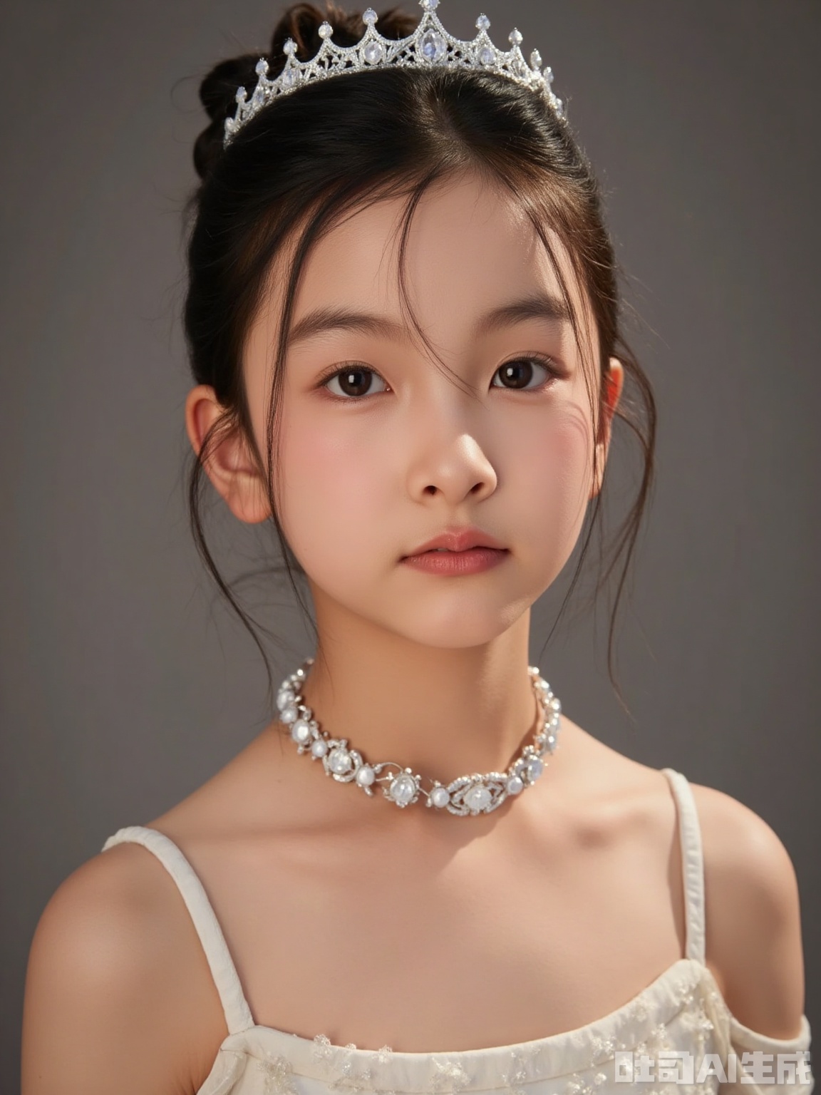 Scene: The textured background of the 18th century oil painting, the linen and gray walls are used to treat, the fine mottled traces are hand-polished, the 60° side backlight simulates candlelight, and the reflector on the left adds soft white outline light to create a classical salon portrait atmosphere.
Character: The girl is combed with a high bun, inlaid with pearl strings and miniature crowns (Crown details: Victoria's Little Crown 1:12 replica, inlaid with Swarovski imitation diamonds), and the hair is fixed with fishing lines to present the Renaissance hairstyle curves. Wear Akoya pearl earrings (7mm in diameter, with natural growth texture), exposed shoulders, use highlight fluid to simulate the "highlight spot color method" of classical oil paintings at the collarbone, retaining 0.3mm of natural velvet on the shoulders (visible under the macro lens), and the neck muscles show slight ups and downs with breathing 0.1°.
Atmosphere: Replicate the texture of the portraits of European aristocrats in the 1850s, use light and shadow and details to create "touchable classical beauty", so that the girl becomes the protagonist of mobile oil paintings.
Parameters: 8K resolution, f/2.5 large aperture (blurry mottled background, highlighting characters), shutter 1/100s (muscle tremor caused by frozen sensation), ISO 800 (intensify candlelight warm yellow noise), use 90mm macro lens (capture pearl texture and hair velvet), increase 25% ochre tone (simulate the oxidation effect of oil painting pigments), highlight 5% grayscale (replicate the "dark light and color transmission" technique of classical portraits).