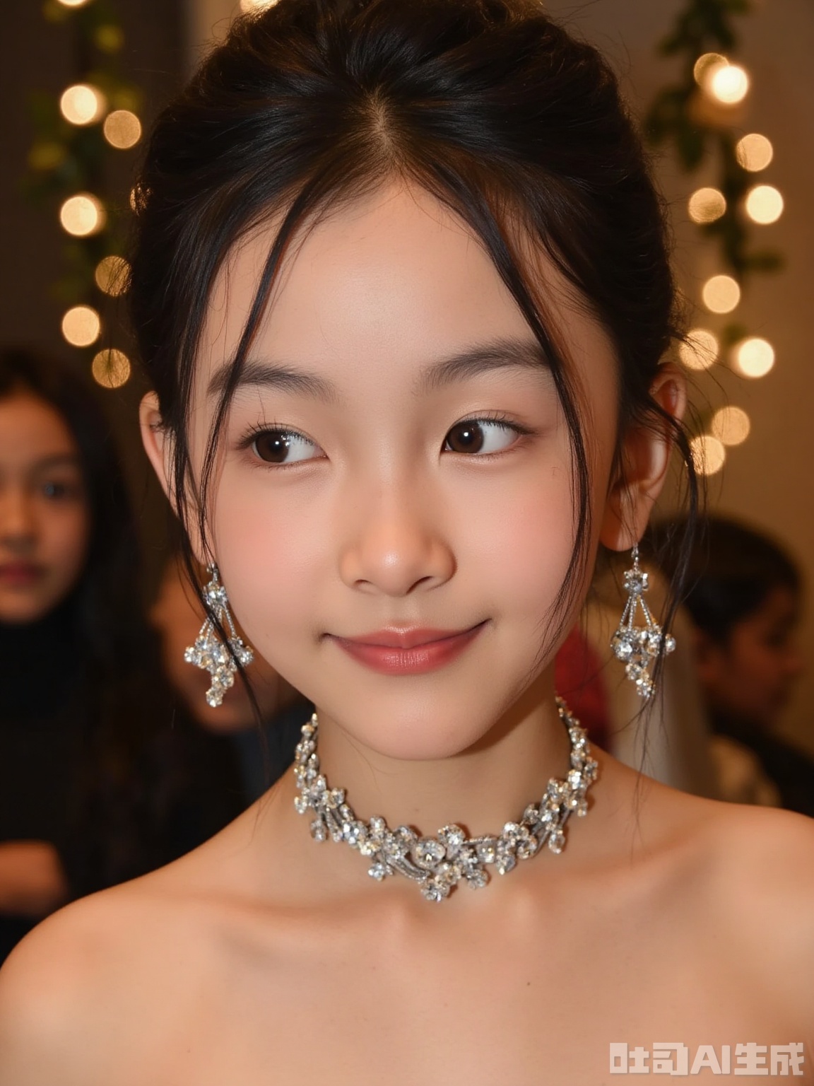 The image shows a young woman with dark hair styled in an elegant updo, adorned with a delicate necklace featuring floral designs. She is wearing matching earrings and a strapless top, suggesting a formal or evening event setting. The background is blurred, with warm, glowing lights creating a festive atmosphere, possibly indicating a party or celebration. The overall composition and lighting suggest a glamorous and sophisticated environment.