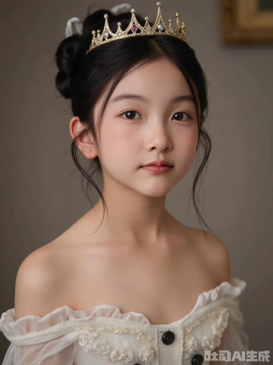 Scene: The textured background of the 18th century oil painting, the linen and gray walls are used to treat, the fine mottled traces are hand-polished, the 60° side backlight simulates candlelight, and the reflector on the left adds soft white outline light to create a classical salon portrait atmosphere.
Character: The girl is combed with a high bun, inlaid with pearl strings and miniature crowns (Crown details: Victoria's Little Crown 1:12 replica, inlaid with Swarovski imitation diamonds), and the hair is fixed with fishing lines to present the Renaissance hairstyle curves. Wear Akoya pearl earrings (7mm in diameter, with natural growth texture), exposed shoulders, use highlight fluid to simulate the "highlight spot color method" of classical oil paintings at the collarbone, retaining 0.3mm of natural velvet on the shoulders (visible under the macro lens), and the neck muscles show slight ups and downs with breathing 0.1°.
Atmosphere: Replicate the texture of the portraits of European aristocrats in the 1850s, use light and shadow and details to create "touchable classical beauty", so that the girl becomes the protagonist of mobile oil paintings.
Parameters: 8K resolution, f/2.5 large aperture (blurry mottled background, highlighting characters), shutter 1/100s (muscle tremor caused by frozen sensation), ISO 800 (intensify candlelight warm yellow noise), use 90mm macro lens (capture pearl texture and hair velvet), increase 25% ochre tone (simulate the oxidation effect of oil painting pigments), highlight 5% grayscale (replicate the "dark light and color transmission" technique of classical portraits).