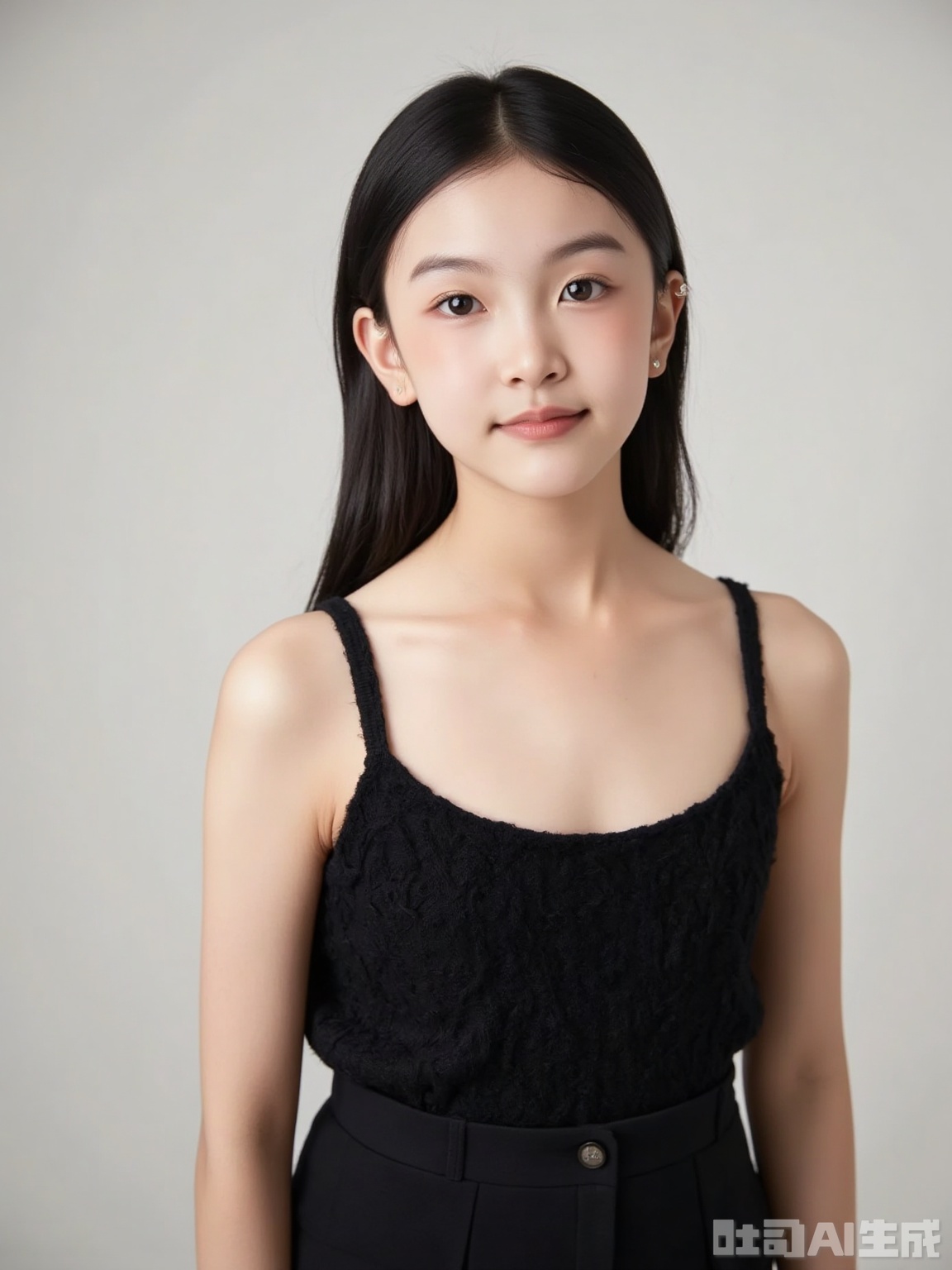 Scene: Off-white solid background, the wall has a subtle matte texture, and the ring light on the top is evenly lit to avoid reflection and create a soft and professional atmosphere.​
Character: Wearing a black off-shoulder knitted suspender, the shoulder lines are beautiful and natural, the neckline is fit, the chest is full, and the cleavage is appropriate, showing an elegant temperament without losing the sense of professionalism. The hair is folded and the simple pearl earrings are worn. The makeup is exquisite and elegant, the eyebrows are neat, the eyeshadow is natural, and the lipstick is soft. The expression is gentle and confident, the corners of his mouth are slightly raised, and his eyes look straight at the camera, showing a workplace image that combines affinity and professionalism.​
Atmosphere: elegant, intellectual, and integrate feminine beauty into a sense of professionalism.​
Parameters: 8K resolution, f/3.2 aperture, shutter speed 1/160s, ISO 125, using a 60mm lens, flat shot angle accurately captures facial expressions. Reduce the contrast by 5% to make the picture softer, increase the soft focus effect by 8%, weaken skin blemishes, while retaining clear facial features contours to meet the needs of ID photos.​