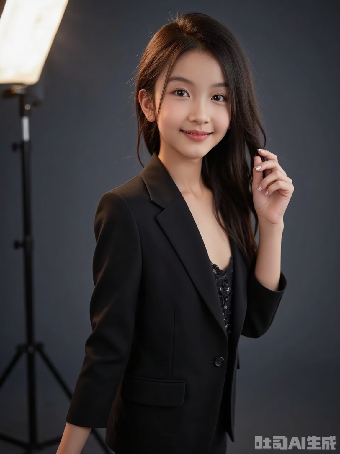 Scene: Dark gray matte background wall, 45-degree angle soft light boxes on both sides, fill light on the top to eliminate shadows, creating a calm and atmospheric business atmosphere. Character: Working women are wearing black slim deep V-suit jackets and black lace suspenders inside, showing their career lines faintly and full breasts. The hair is large wavy shawl, wearing simple diamond earrings, bright red lips and sharp eyebrows. Looking straight at the camera, the corner of his mouth slightly curled with a confident smile, and the left hand gently lifted his hair, naturally showing elegance and sexiness. Atmosphere: mature and charming, taking into account professionalism and feminine charm in the workplace. Parameters: 8K resolution, f/2.8 aperture blurred background, highlighting the character's main body, shutter speed 1/125s, ISO 100, flat shot with a 50mm lens, and the upper body is captured on the screen. Increase contrast by 10% to enhance the three-dimensionality, reduce saturation by 5% to avoid excessive color, and add 5% soft light effect to soften the skin.
