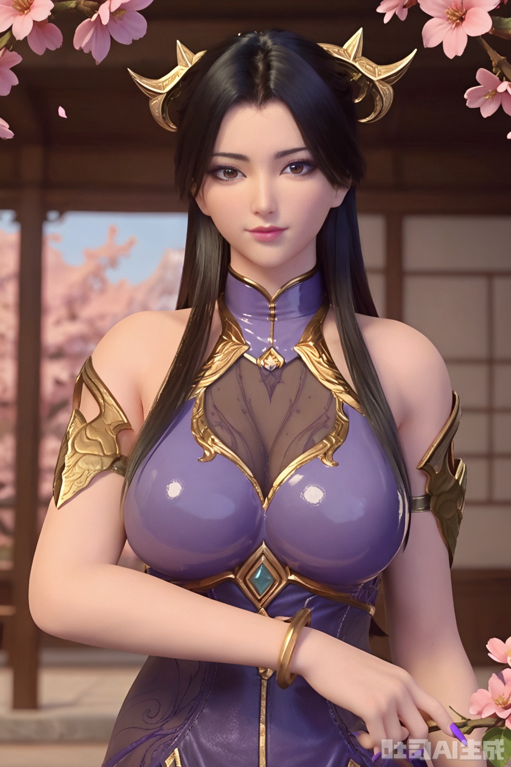 score_9,1girl, solo, long hair,big breasts, looking at viewer, black hair, hair ornament, purple dress, bare shoulders, brown eyes, closed mouth, cowboy shot, peach blossom background,white background,SuMei,purple nail polish,