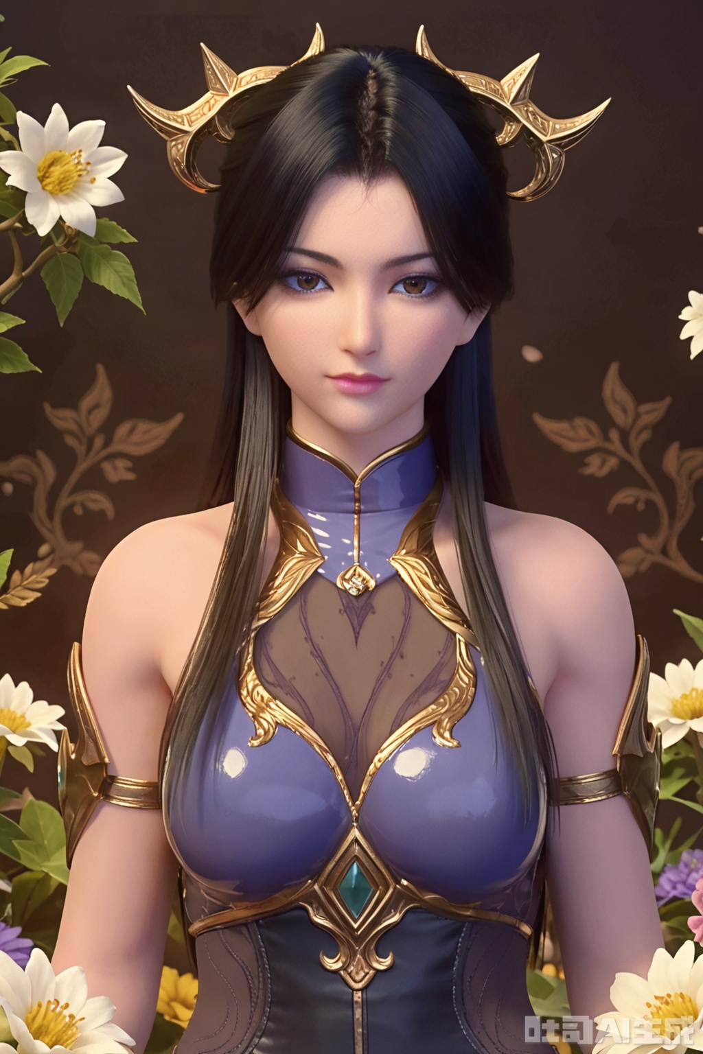 score_9,1girl, solo, long hair, looking at viewer, black hair, hair ornament, dress, bare shoulders, brown eyes, closed mouth, upper body,flowers background,SuMei