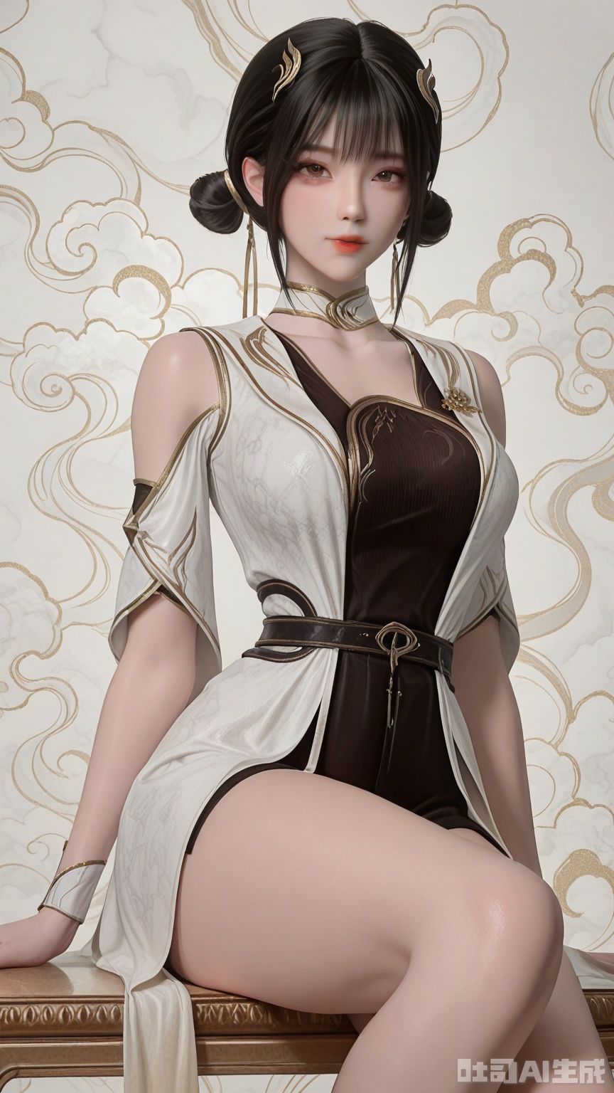 general, sfw, Solid Glossy and cloud background, 1woman, solo, breast, exquisite skin, looking at viewer, sitting, very awa, masterpiece, best quality, highres, absurdres, newest, aesthetic,