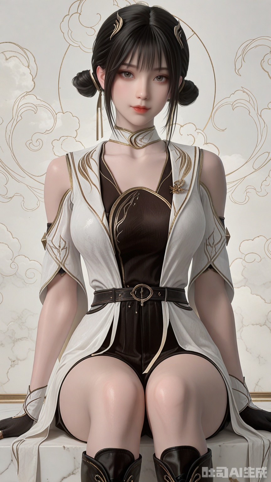 general, sfw, Solid Glossy and cloud background, 1woman, solo, breast, exquisite skin, looking at viewer, sitting, boots, very awa, masterpiece, best quality, highres, absurdres, newest, aesthetic,