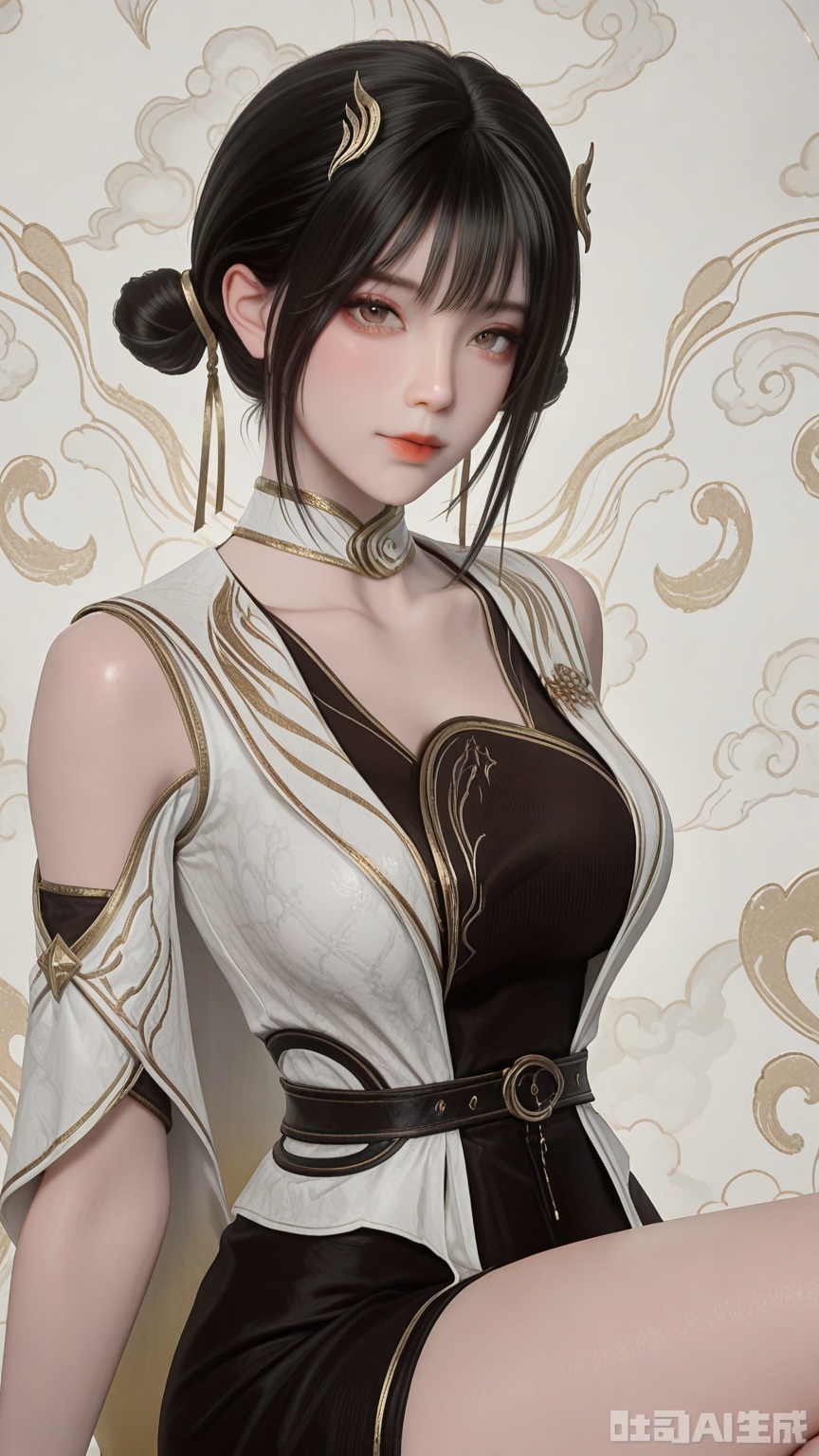 general, sfw, Solid Glossy and cloud background, 1woman, solo, breast, exquisite skin, looking at viewer, sitting, very awa, masterpiece, best quality, highres, absurdres, newest, aesthetic,