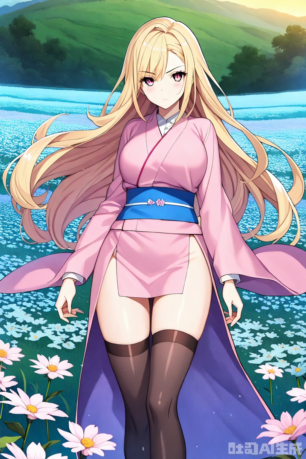 1girl, solo, long hair, breasts, looking at viewer,blonde hair, long sleeves, closed mouth, thighs,  japanese clothes, pink eyes, kimono, sash,  pink kimono,masterpiece,best quality,official art,extremely detailed CG unity 8k wallpaper,


Thigh exposed,thighhighs,looking at viewer,flower field,flower field,