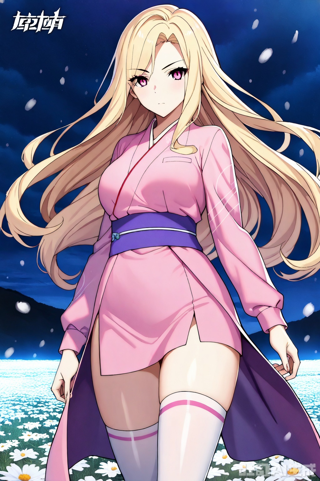 1girl, solo, long hair, breasts, looking at viewer,blonde hair, long sleeves, closed mouth, thighs,  japanese clothes, pink eyes, kimono, sash,  pink kimono,masterpiece,best quality,official art,extremely detailed CG unity 8k wallpaper,


Thigh exposed,thighhighs,looking at viewer,flower field,flower field,