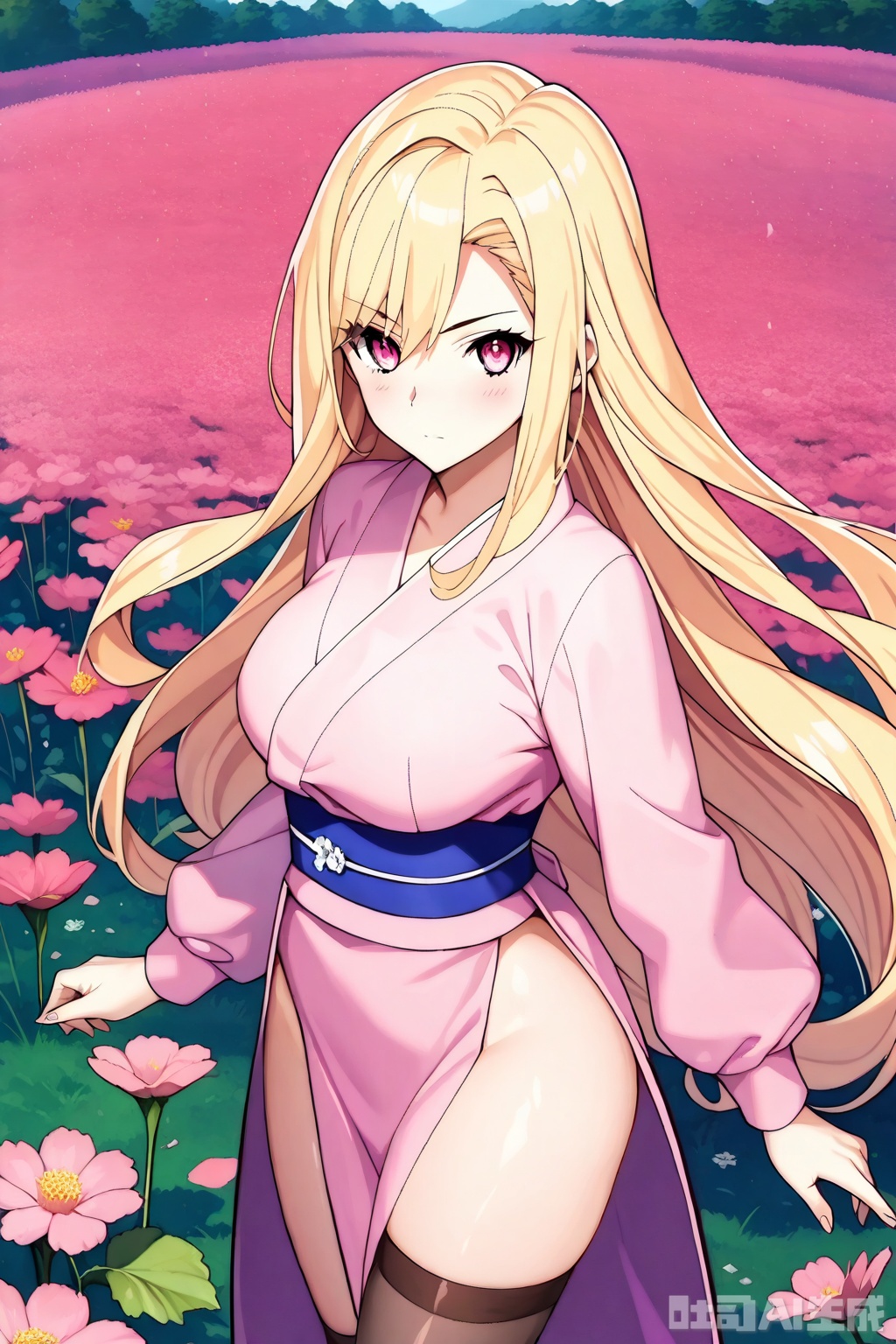 1girl, solo, long hair, breasts, looking at viewer,blonde hair, long sleeves, closed mouth, thighs,  japanese clothes, pink eyes, kimono, sash,  pink kimono,masterpiece,best quality,official art,extremely detailed CG unity 8k wallpaper,


Thigh exposed,thighhighs,looking at viewer,flower field,flower field,