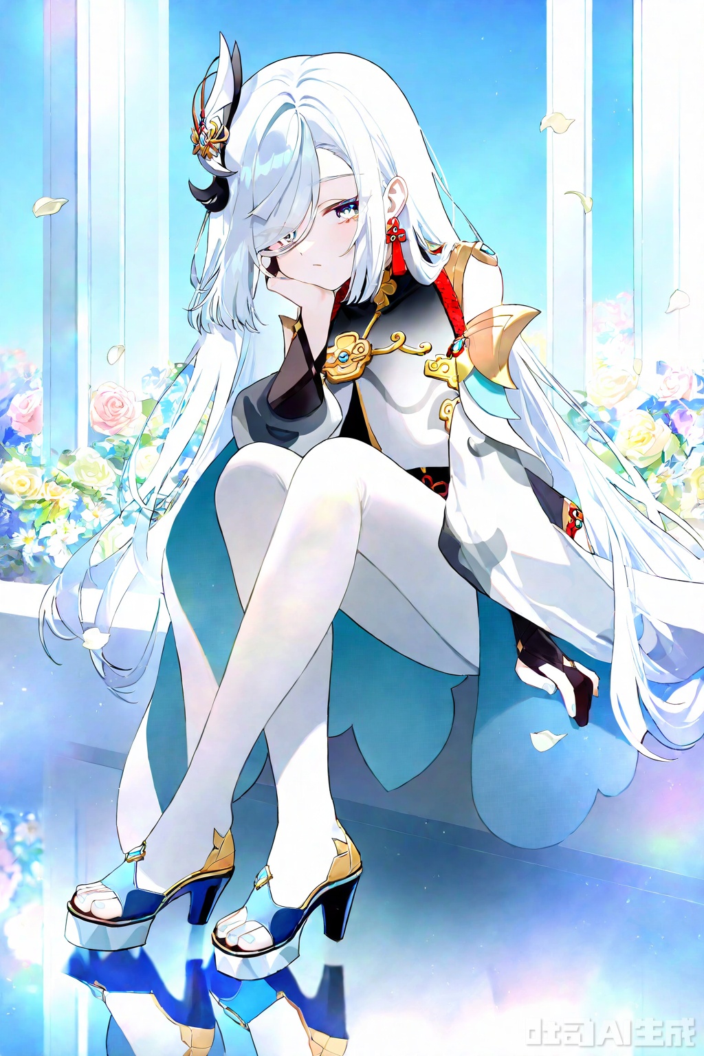 1girl, solo, long hair, looking at viewer, bangs, blue eyes, hair ornament, long sleeves, dress, jewelry, sitting, very long hair, closed mouth, full body, braid, flower, white hair, pantyhose, earrings, frills, white dress, hair over one eye, high heels, legs, petals, reflection, white pantyhose, blue footwear, head rest, reflective floor, shenhe \(genshin impact\) ,(artist:quasarcake:0.6),extreme aesthetic,masterpiece,best quality,backlight,high quality,extremely detailed,High Detail,vibrant colors,anime style,cover art,(wanke:0.8),(watercolor \(tira 7:0.8),(lam (ramdayo):0.8),(mochizuki kei:0.8),extreme aesthetic,masterpiece,best quality,good quality,newest,very aesthetic,absurdres,Visual impact,32K UHD,colorful,sharp focus,