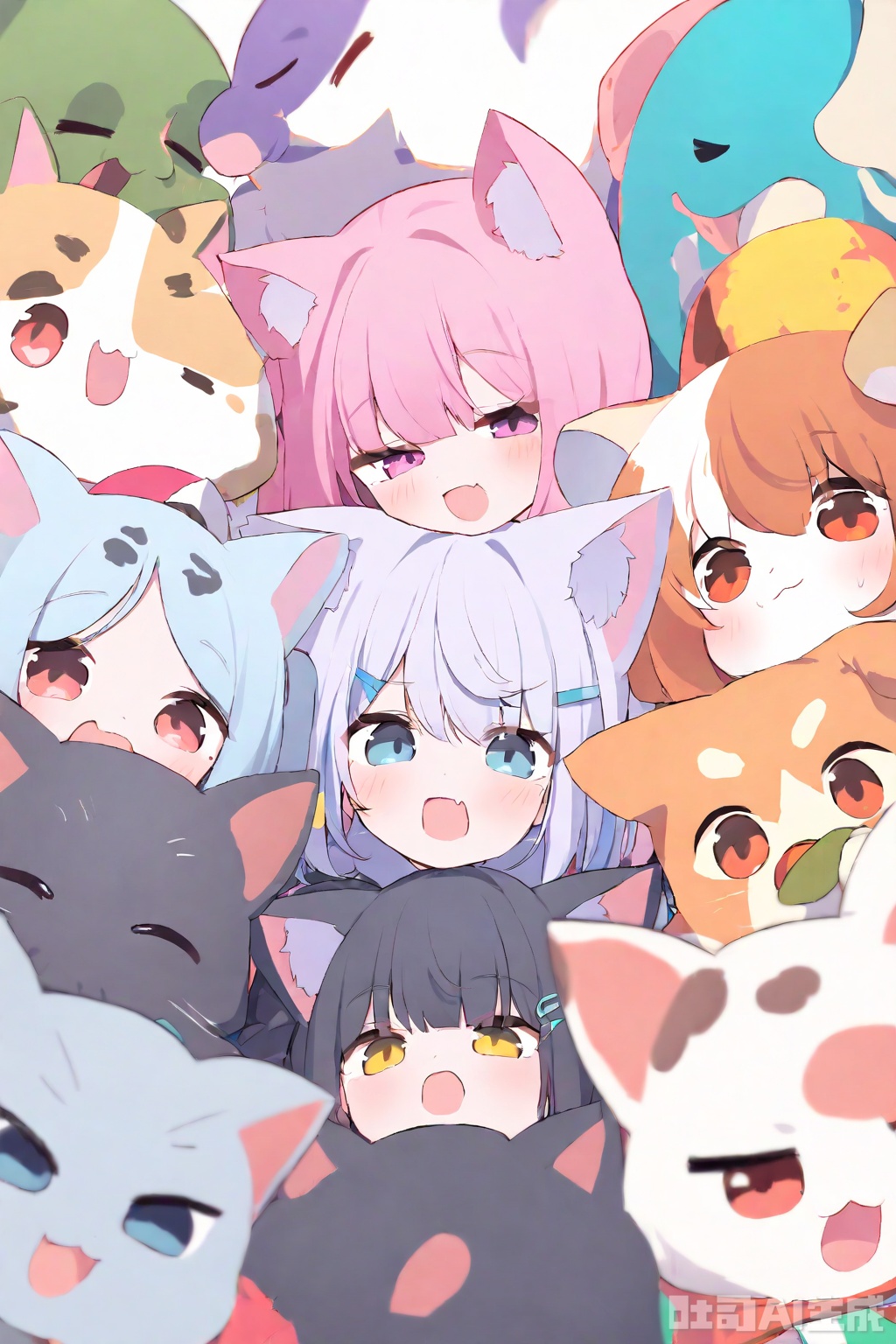 A magic girl with cat ears uses magic to attack,surrounded by a bunch of small animals.,
