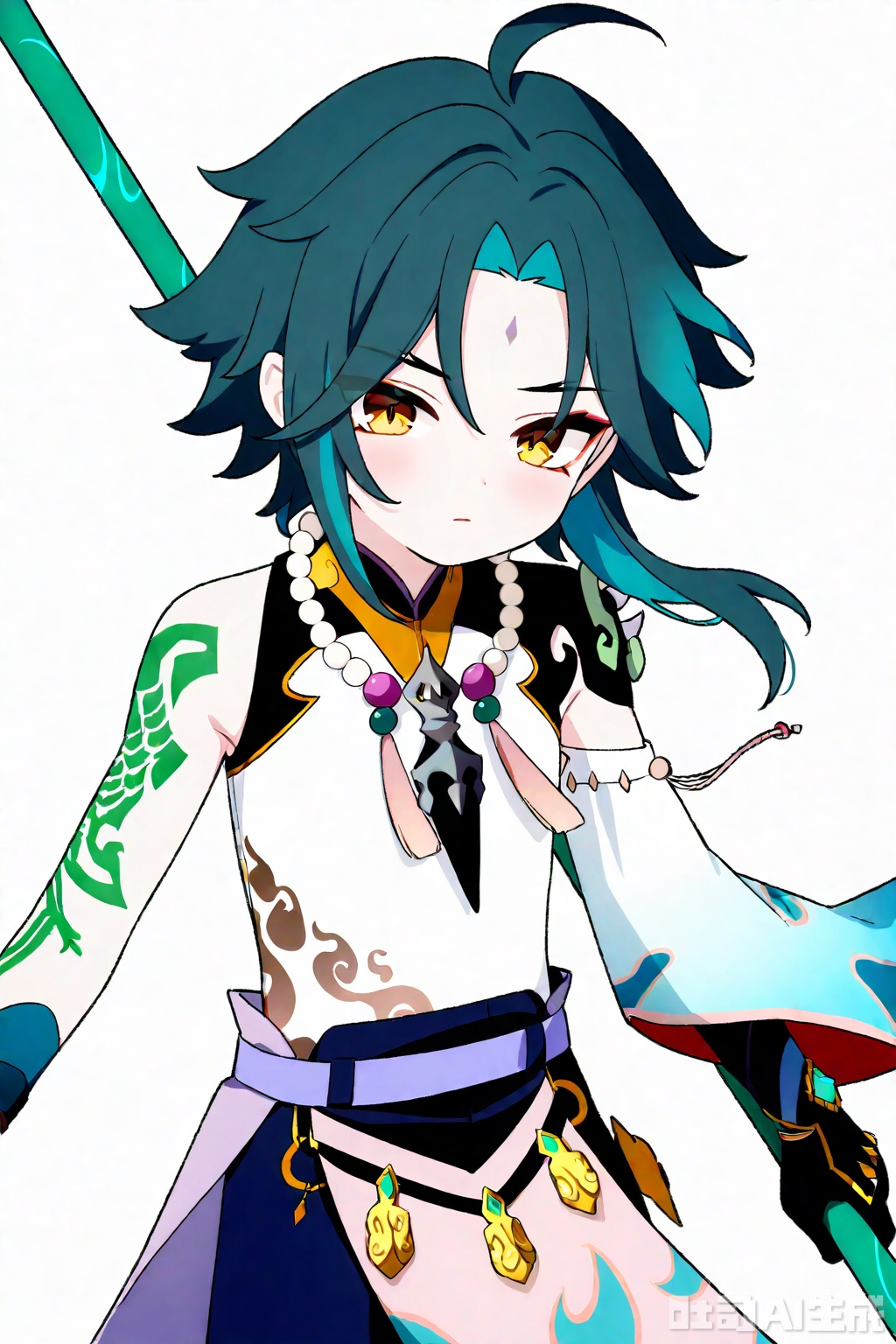 1boy, xiao \(genshin impact\), male focus, solo, weapon, jewelry, necklace, gloves, polearm, bead necklace, facial mark, simple background, beads, white background, yellow eyes, forehead mark, tattoo, multicolored hair, arm tattoo, holding, holding weapon, spikes, spear, green hair, black hair, mask, looking at viewer, tassel