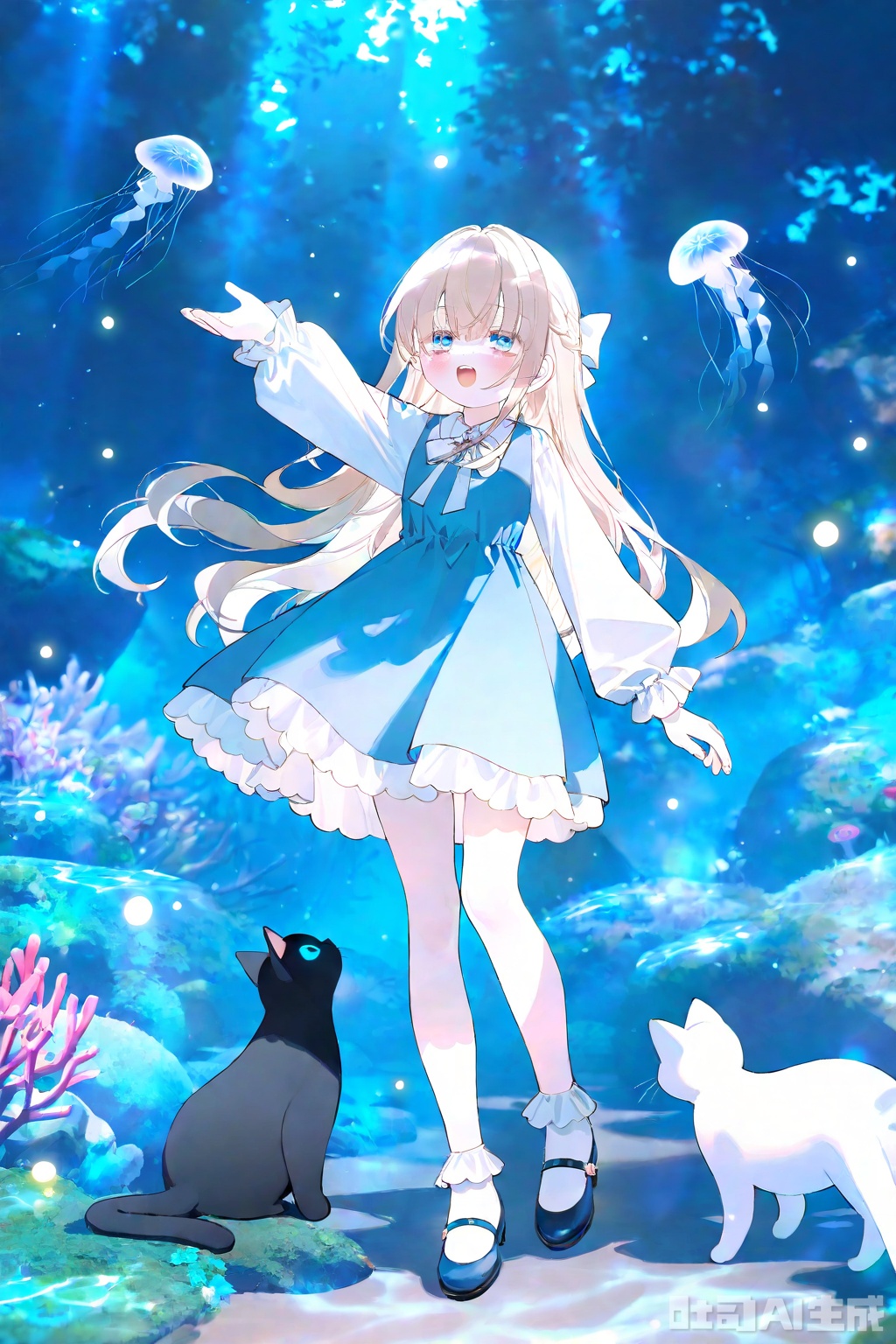 masterpiece,best quality,high quality,loli,chromatic_aberration,Blue Theme, //, artist:konya_karasue, artist:ciloranko, , artist:tianliang_duohe_fangdongye, artist:toosaka_asagi, //, official art,depth of field,detailed light,blurry background,cinematic lighting,ray tracing, ultra detailed,god rays,backlighting,photo background,film grain,chromatic aberration,volumetric lighting,depth of field,blurry background,shiny skin,floating hair,cinematic lighting,day,very aesthetic , //,, jellyfish, 1girl, dress, cat, white dress, long hair, nature, mushroom, looking at animal, frilled dress, long sleeves, forest, black footwear, flower, animal, tree, scenery, outdoors, white socks, signature, socks, light rays, blue eyes, frills, light particles, sleeveless dress, shoes, white cat, outstretched arm, bow, puffy long sleeves, solo, smile, sunlight, white bow, brown hair, looking up, standing, collared dress, ankle socks, blush, floating hair, open mouth, glowing, ribbon, bowtie, sleeveless, sunbeam, plant, outstretched hand, puffy sleeves, very long hair, hair bow, arm up, night, artist name, wide shot, full body, bug, white ribbon, light, purple flower, reaching, rock, dappled sunlight, hand up, mary janes, fish, frilled sleeves, white bowtie, hair ribbon, :o, blue dress, fantasy, upper teeth only, :d, underwater, dated, parted lips, looking ahead, bobby socks, arm at side, grass, backlighting, pinafore dress, looking at another, sundress, neck ribbon, day, butterfly, pink flower, moonlight, leaf, half updo, black cat, moss, teeth, fireflies, hair ornament, blue theme, shirt, child, frilled socks, braid, blue footwear, dress bow, coral, open hand, short dress
