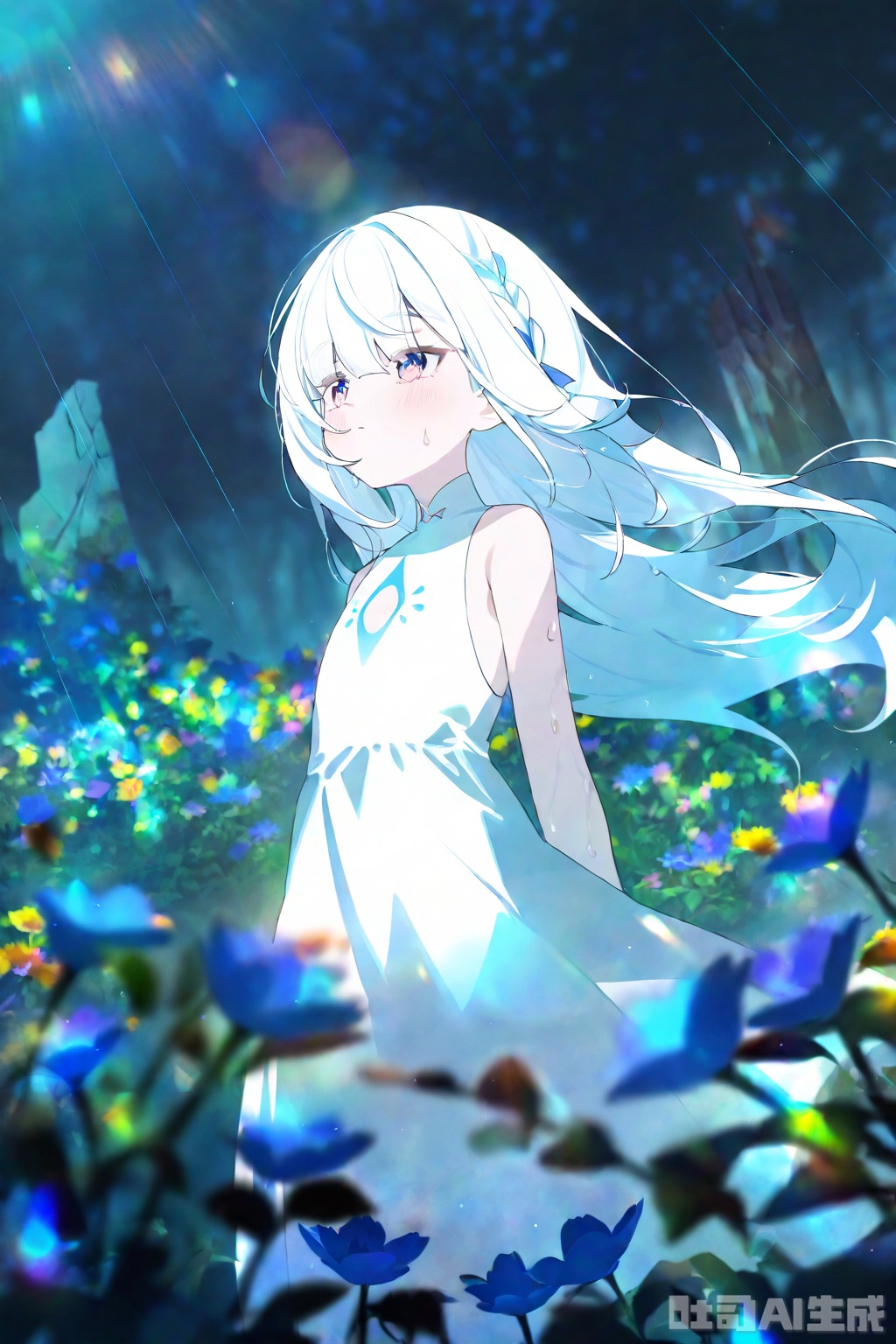 masterpiece,very aware,highres,absurdres,newest,best quality,loli,petite,high quality,chromatic_aberration,//,illustration,ultra detailed,hdr,Depth of field,(colorful),bust,late at night,dark,light rain,dark,contrast,phenomenal aesthetic,(detailed light),light rain,dark,(((Cornflower))),cornflower,cornflower,vines,forest,ruins,Blurred picture,lens flare,hdr,Tyndall effect,damp,wet,1girl,bare shoulders,cold theme,broken glass,broken wall,aqua theme,white hair,blinking,white dress,closed mouth,constel lation,flat color,braid,white robe,float,constel lation,looking up,standing,solo,//,,
