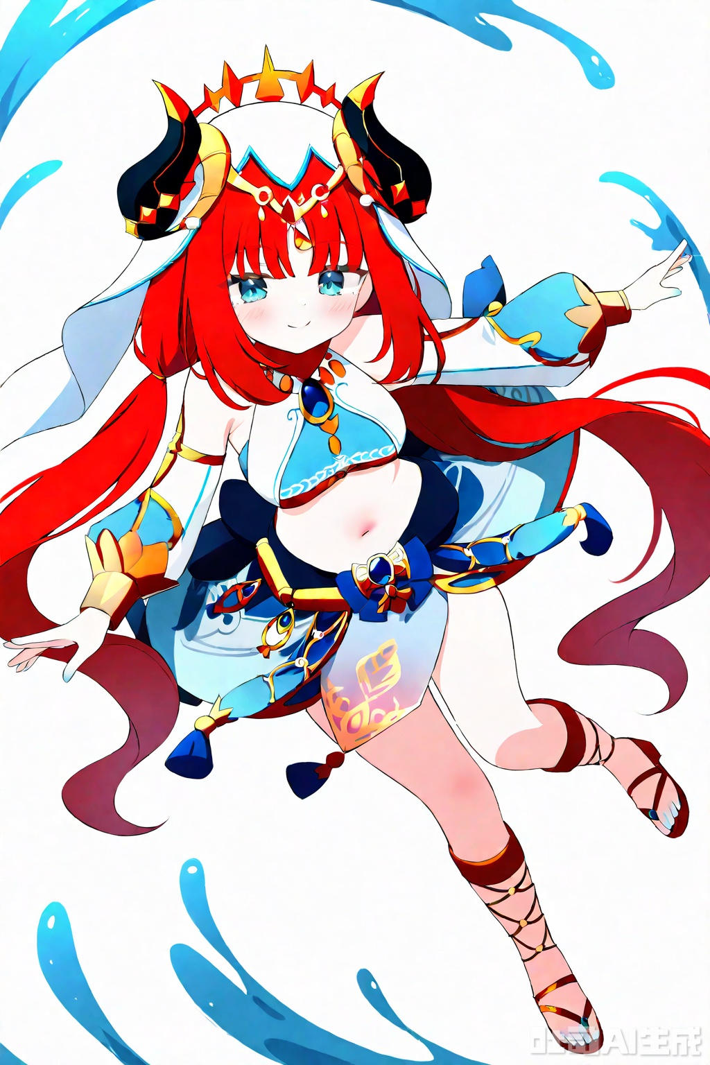 1girl, nilou \(genshin impact\), long hair, fake horns, solo, horns, red hair, sandals, water, veil, gladiator sandals, white background, twintails, full body, puffy long sleeves, harem outfit, simple background, skirt, long sleeves, breasts, jewelry, bracer, detached sleeves, blue skirt, smile, puffy sleeves, circlet, aqua eyes, blue eyes, low twintails