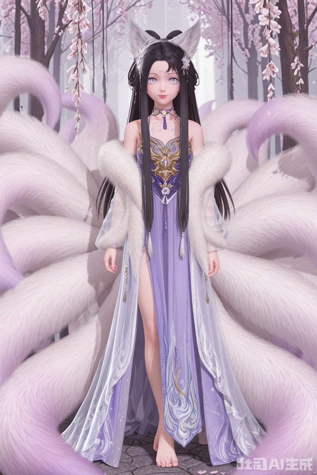 1girl, solo, long hair, looking at viewer, black hair, hair ornament, dress, animal ears, bare shoulders, standing, tail, barefoot,Multiple tails