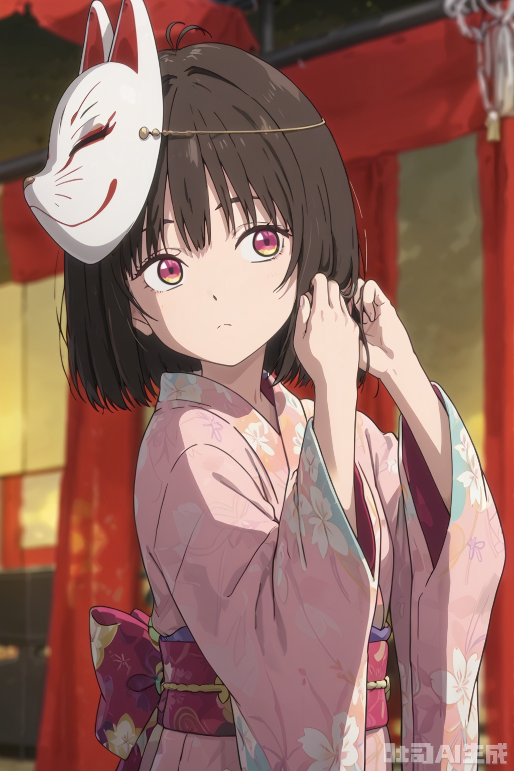 1girl, solo, short hair, bangs, brown hair, black hair, long sleeves, closed mouth, upper body, japanese clothes, wide sleeves, kimono, blurry, looking to the side, hands up, mask, looking away, antenna hair, mask on head, pink kimono, fox mask,,adjusting hair, masterpiece,best quality,official art,extremely detailed CG unity 8k wallpaper, 
