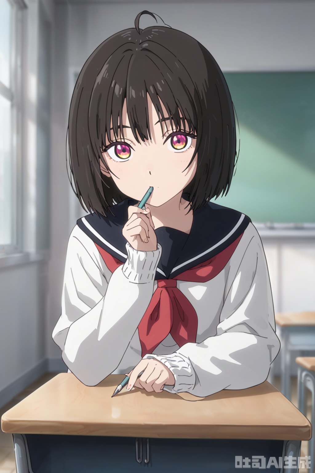 1girl, solo, looking at viewer, short hair, bangs, black hair, long sleeves, holding, school uniform, upper body, serafuku, indoors, sailor collar, blurry, sweater, neckerchief, red neckerchief, desk, classroom, school desk, pencil, chalkboard, school, holding pencil,masterpiece,best quality,official art,extremely detailed CG unity 8k wallpaper, 