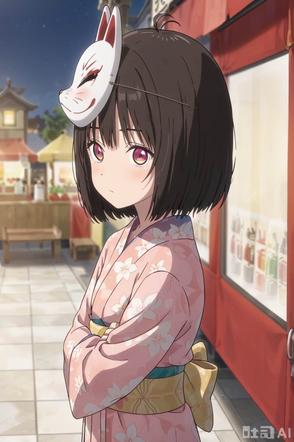 1girl,solo,short hair,bangs,brown hair,black hair,closed mouth,ahoge,indoors,frown,bob cut,antenna hair,,upper body,,,masterpiece,best quality,official art,extremely detailed CG unity 8k wallpaper,Window,Sunshine,Long sleeves,slender waist,(slim:1.3),from above,arms_crossed,tear,,(blush:1.3),pink kimono,fox mask,mask on head,japanese clothes,,outdoors,market,night,(profile:0.6)