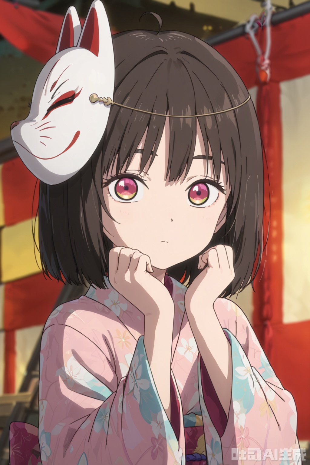 1girl, solo, short hair, bangs, brown hair, black hair, long sleeves, closed mouth, upper body, japanese clothes, wide sleeves, kimono, blurry, looking to the side, hands up, mask, looking away, antenna hair, mask on head, pink kimono, fox mask,,adjusting hair, masterpiece,best quality,official art,extremely detailed CG unity 8k wallpaper, loli