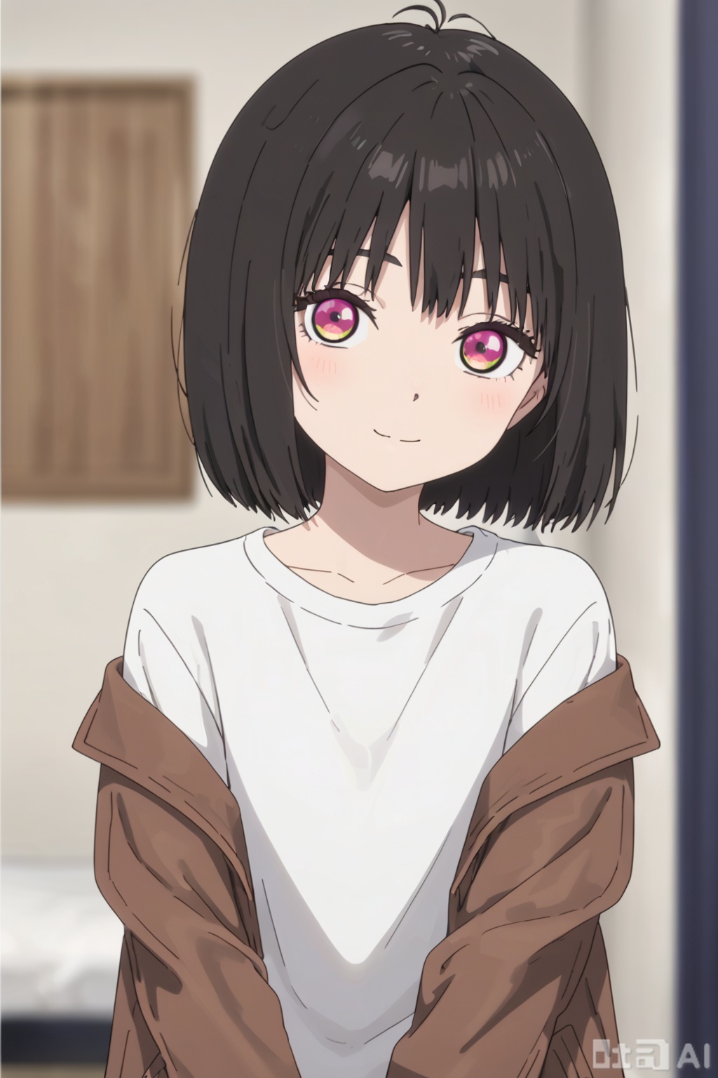1girl, solo, looking at viewer, smile, short hair, bangs, shirt, black hair, closed mouth, purple eyes, collarbone, jacket, white shirt, upper body, indoors, blurry, blurry background, bob cut, brown jacket,loil,blush